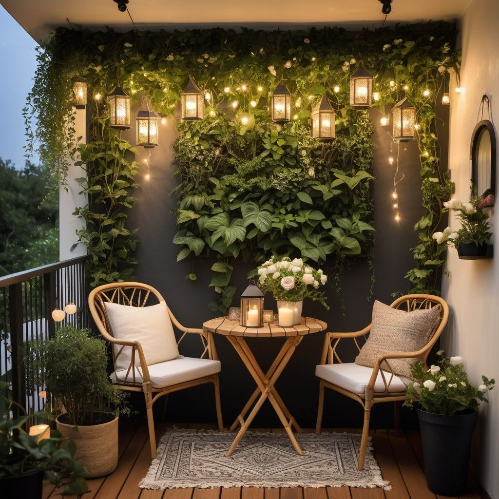 A small balcony with two chairs and a round table, a large vertical garden covering the back wall, illuminated by string…