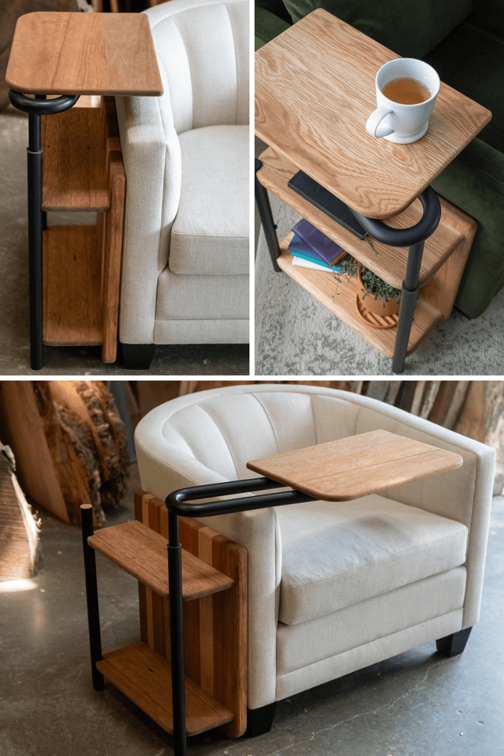 Wooden side table with black metal frame, top surface extended over a cream armchair, and two lower shelves.