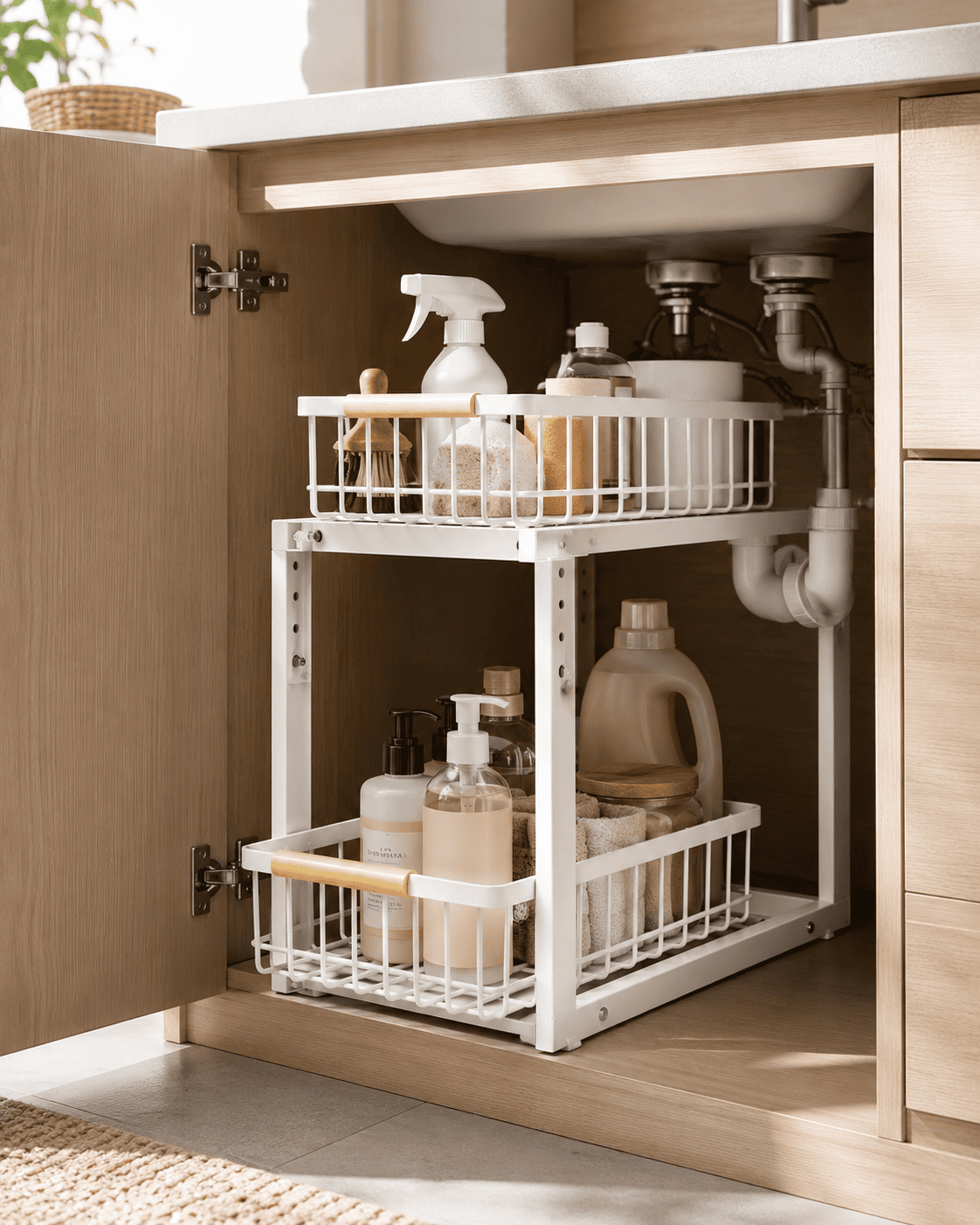 White two-tier pull-out organizer holding various cleaning supplies under a kitchen sink.