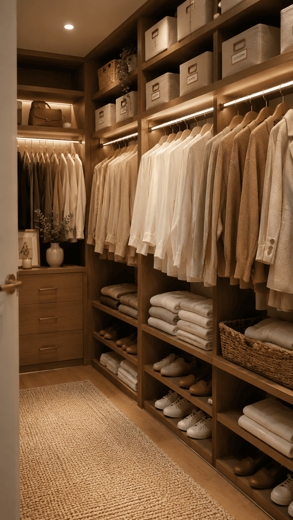 Interior of a neatly organized walk-in closet with wood shelves, hanging clothes, folded items, shoes, and storage boxes.