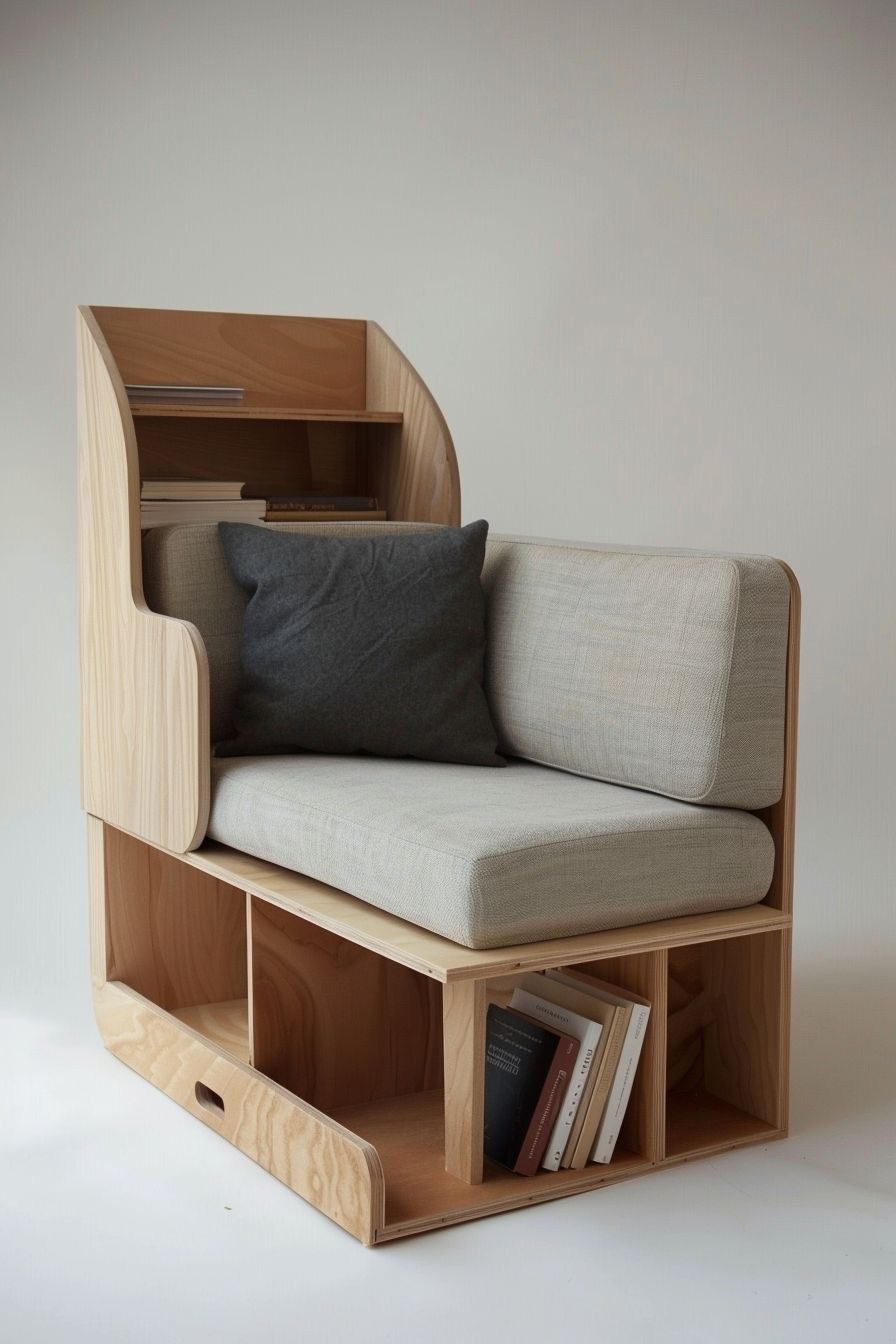 Wooden chair with light cushions and a grey pillow, featuring integrated shelves on the side and underneath filled with…