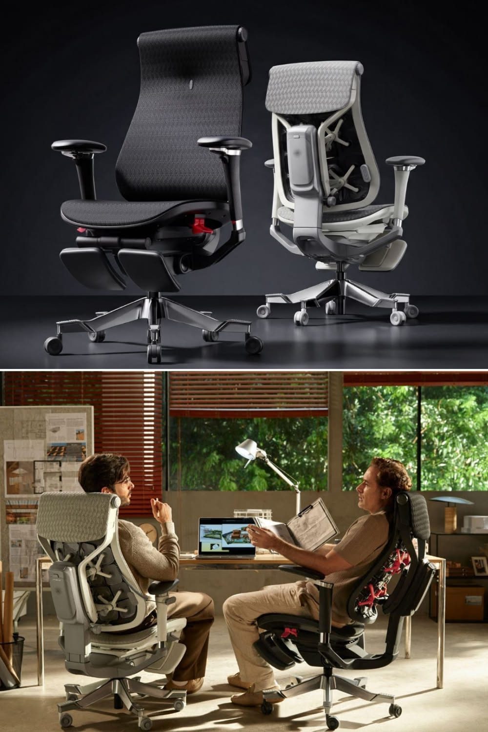 Two sophisticated ergonomic office chairs, one black and one light gray, displayed and used by two men at desks.