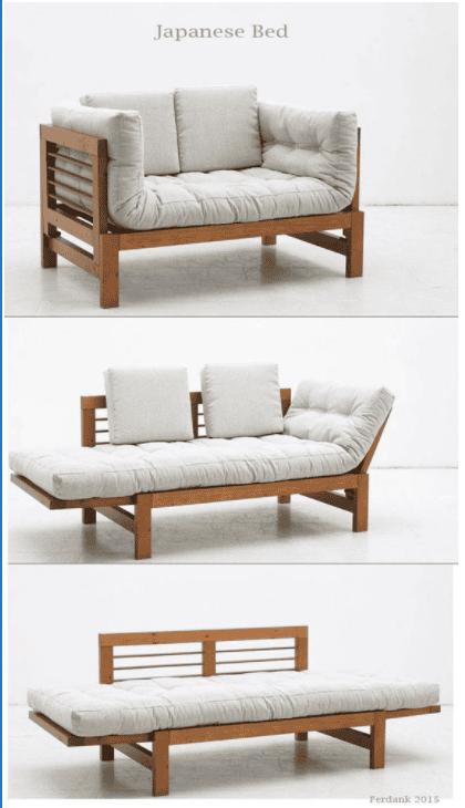 Wooden frame sofa with light grey cushions, shown in three stages: as a couch, a daybed, and a flat bed.