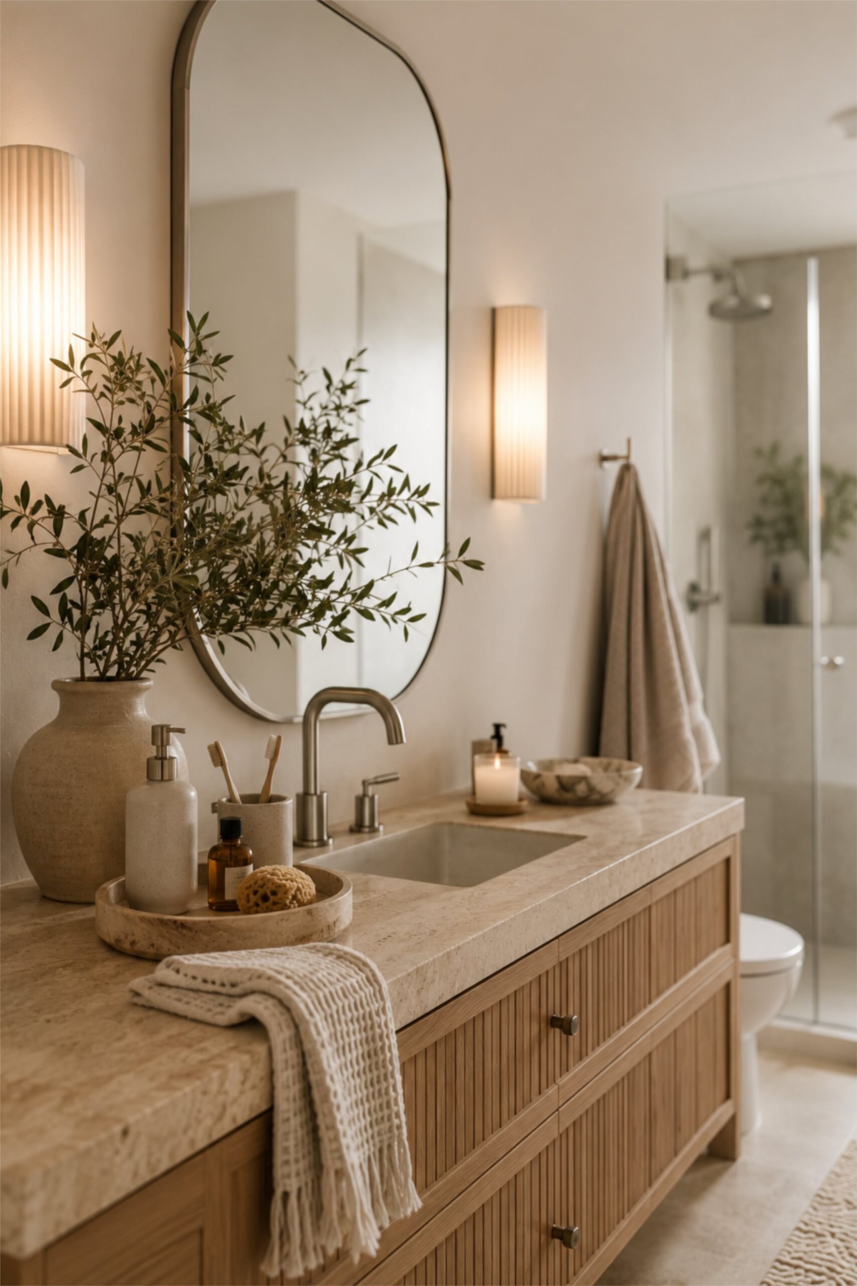 Bathroom vanity with a light-colored natural stone countertop, wooden slatted cabinets, and a tall oval mirror.