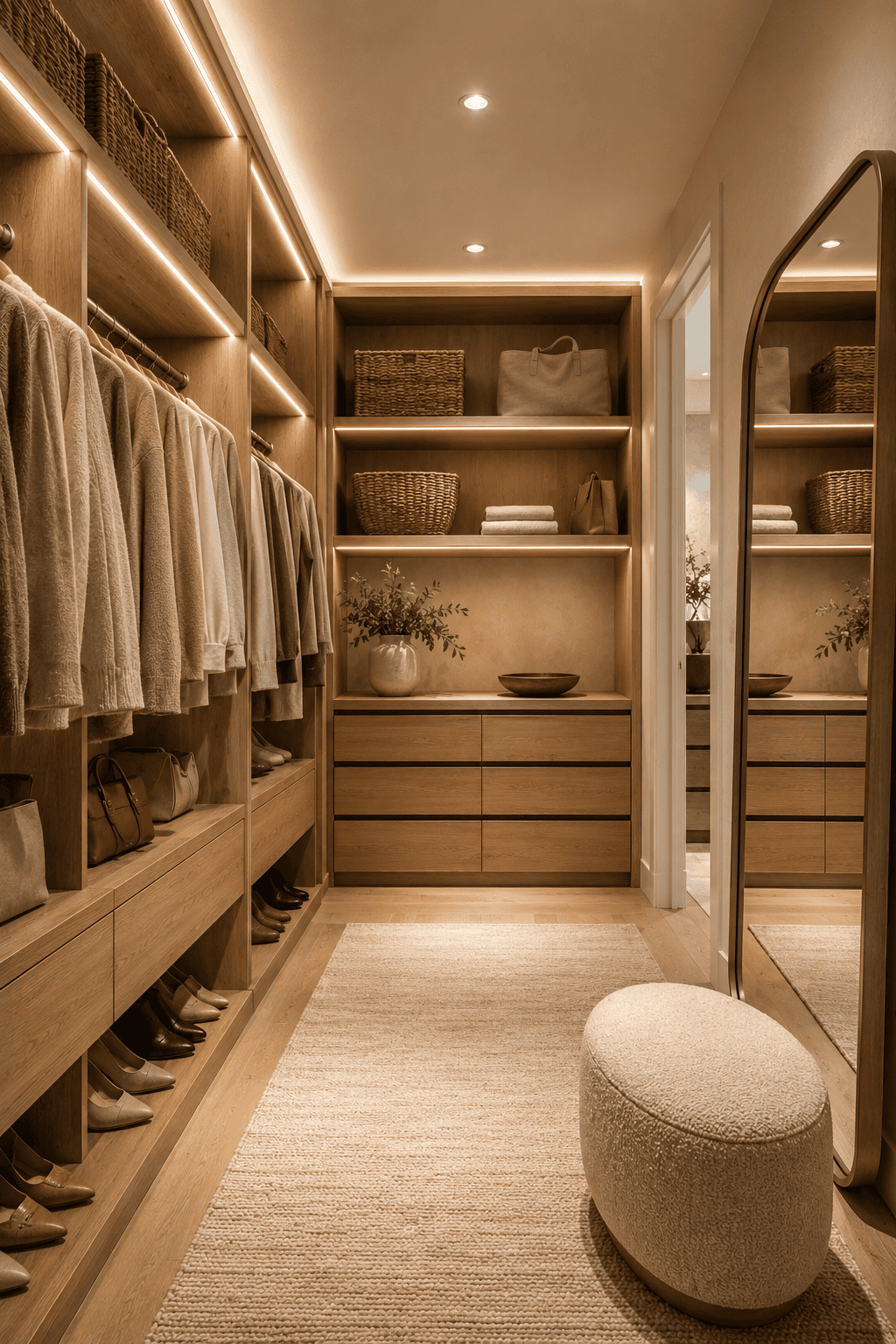 Walk-in closet with warm strip lighting integrated into wooden shelves displaying clothes, shoes, and woven baskets.