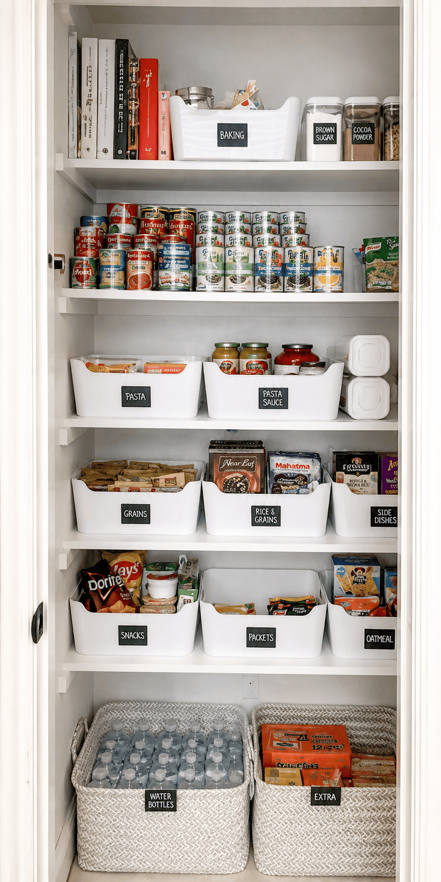 A pantry with white shelves, containing labeled white bins filled with various food items.