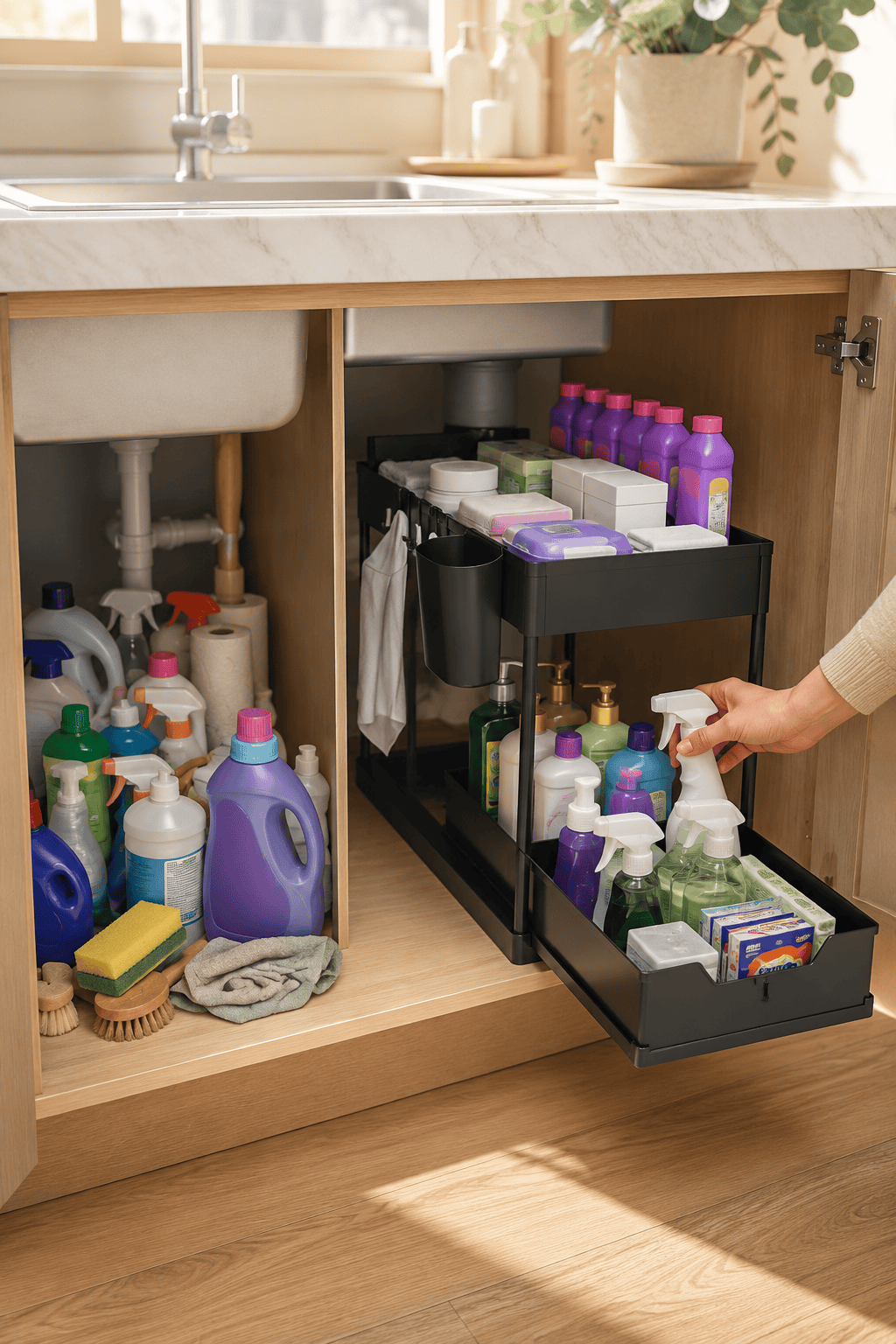 Hand pulling out a two-tier sliding organizer filled with cleaning supplies from under a kitchen sink.