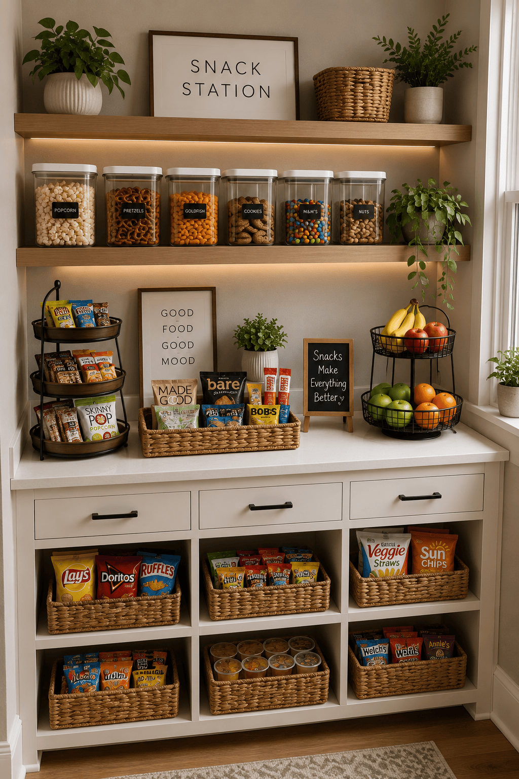 A white cabinet with open shelves and drawers organized into a snack station.