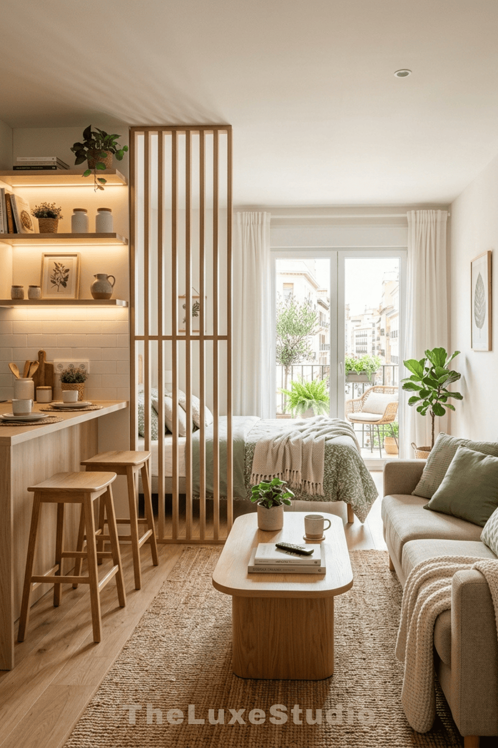 Bright, light-filled studio apartment showing a bedroom area with a slatted wooden partition next to a living area with a…