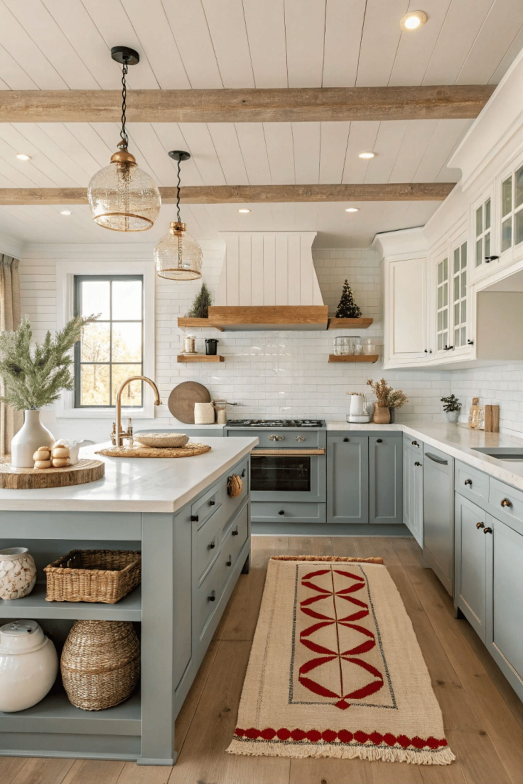 Kitchen with wooden ceiling beams, white shiplap, and light blue cabinets, with a window over a brass faucet.