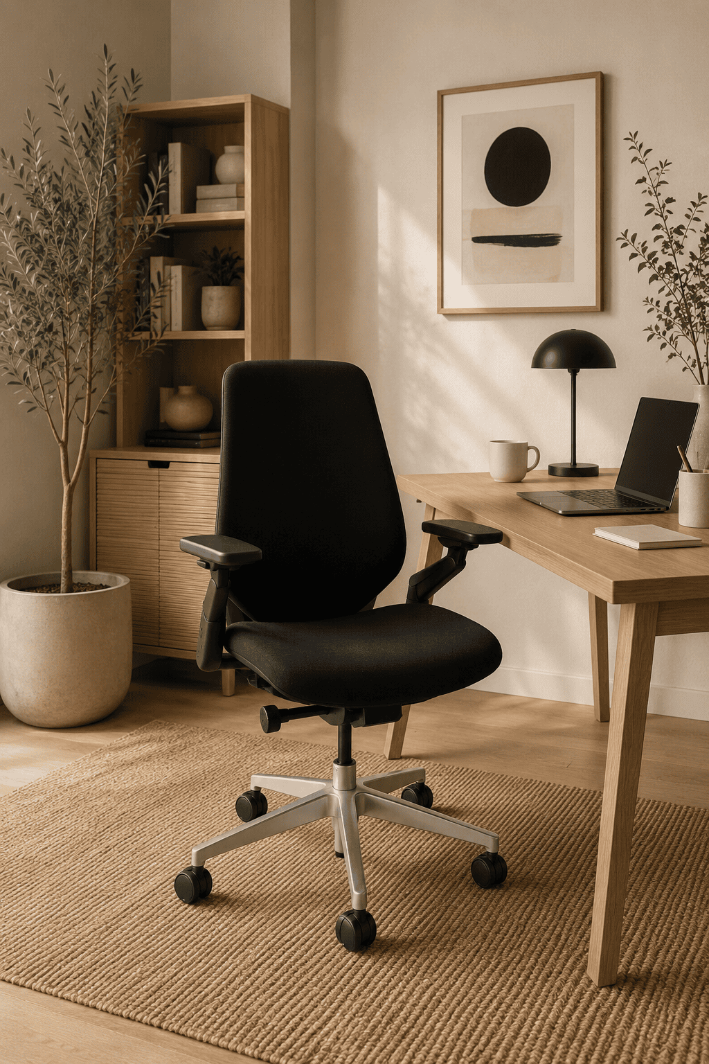 Black ergonomic office chair on a textured rug in a light-filled home office with a wooden desk and shelf