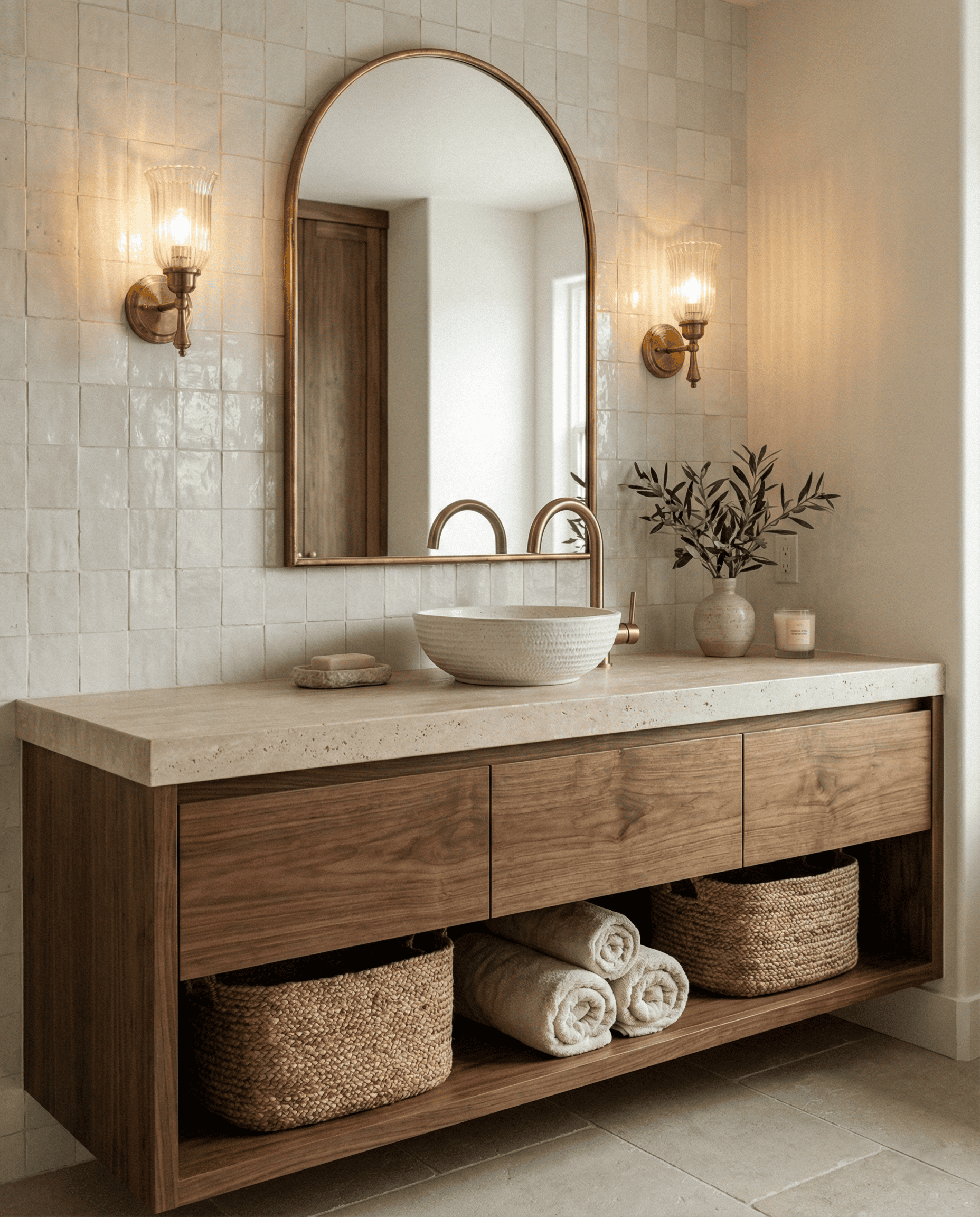 A wooden floating bathroom vanity with a textured stone countertop, round vessel sink, and brass faucet.