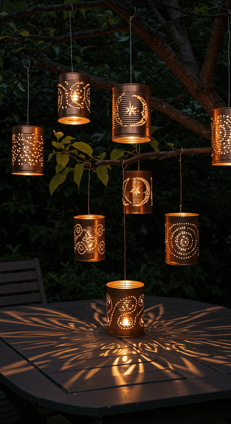 Several pierced metal lanterns, made from recycled cans, hang from tree branches and sit on a patio table at dusk, casting…