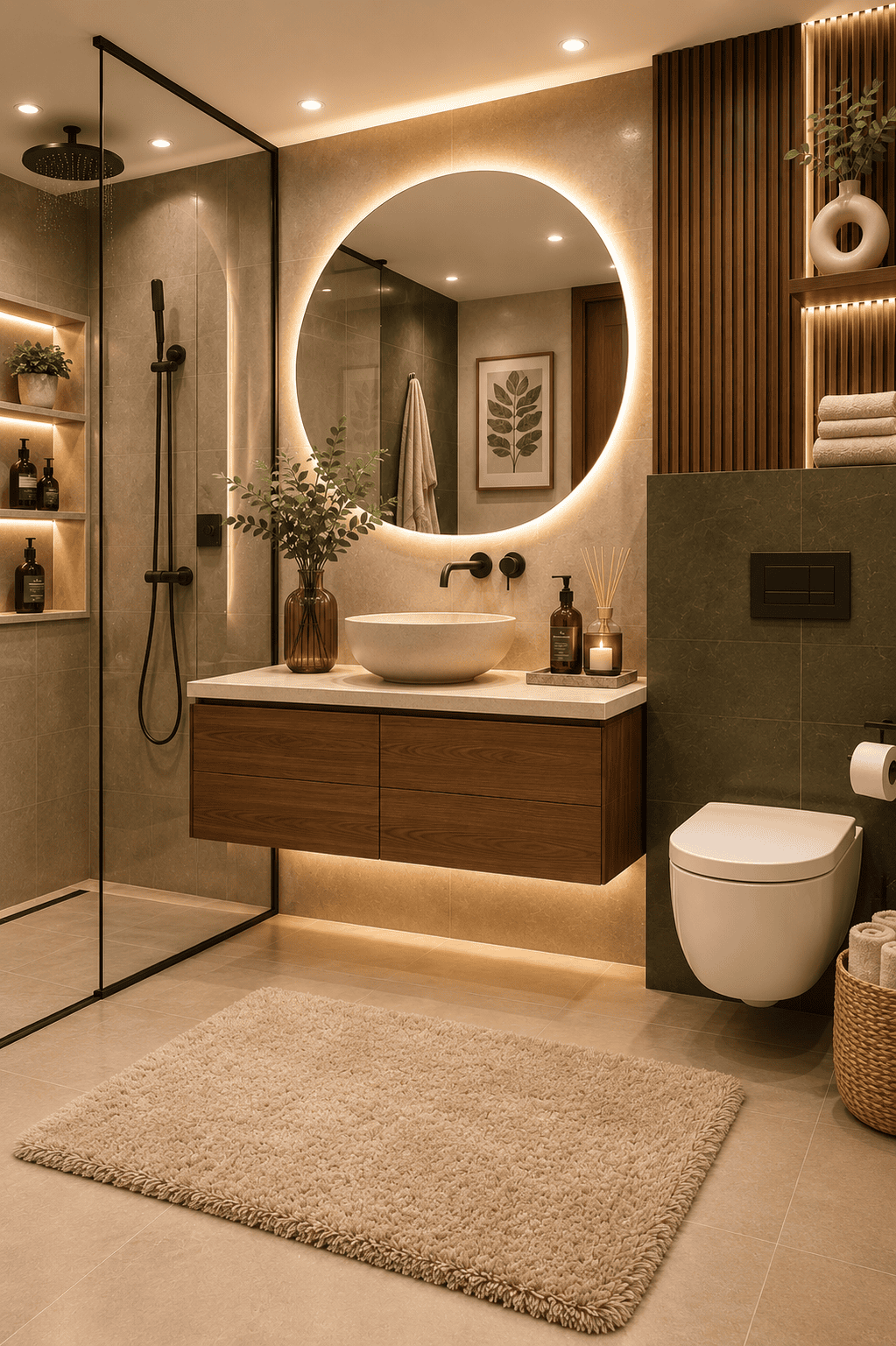 Modern bathroom with a round illuminated mirror over a floating wood vanity with a basin sink.