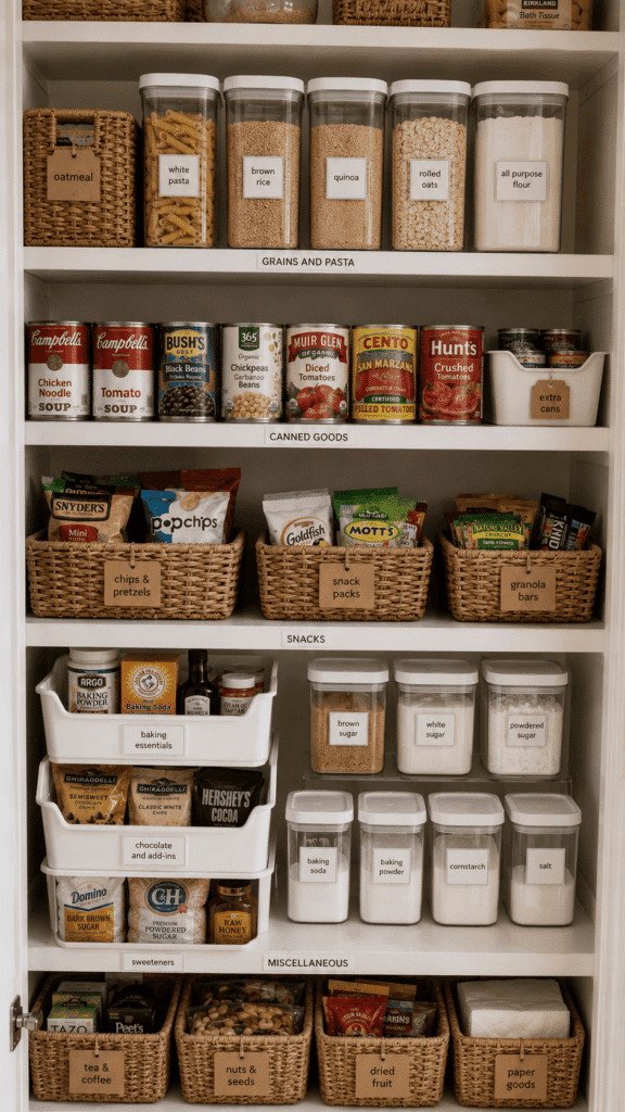 White pantry shelves organized with labeled clear containers for grains, wicker baskets for snacks, and tiered bins for…