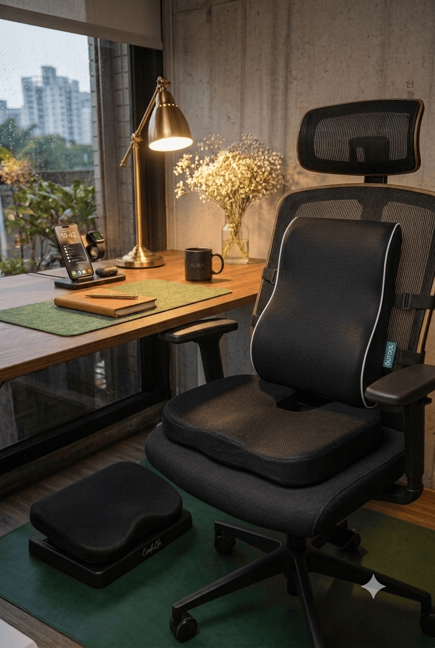 Close-up of an office chair with a black lumbar support pillow and a black U-shaped seat cushion.