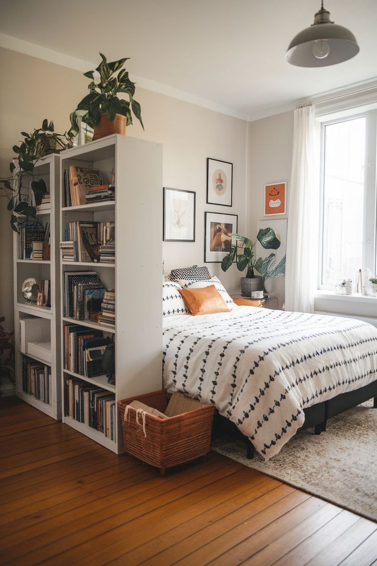 Tall white bookshelf separating a bed from another area in a studio apartment, with plants on top