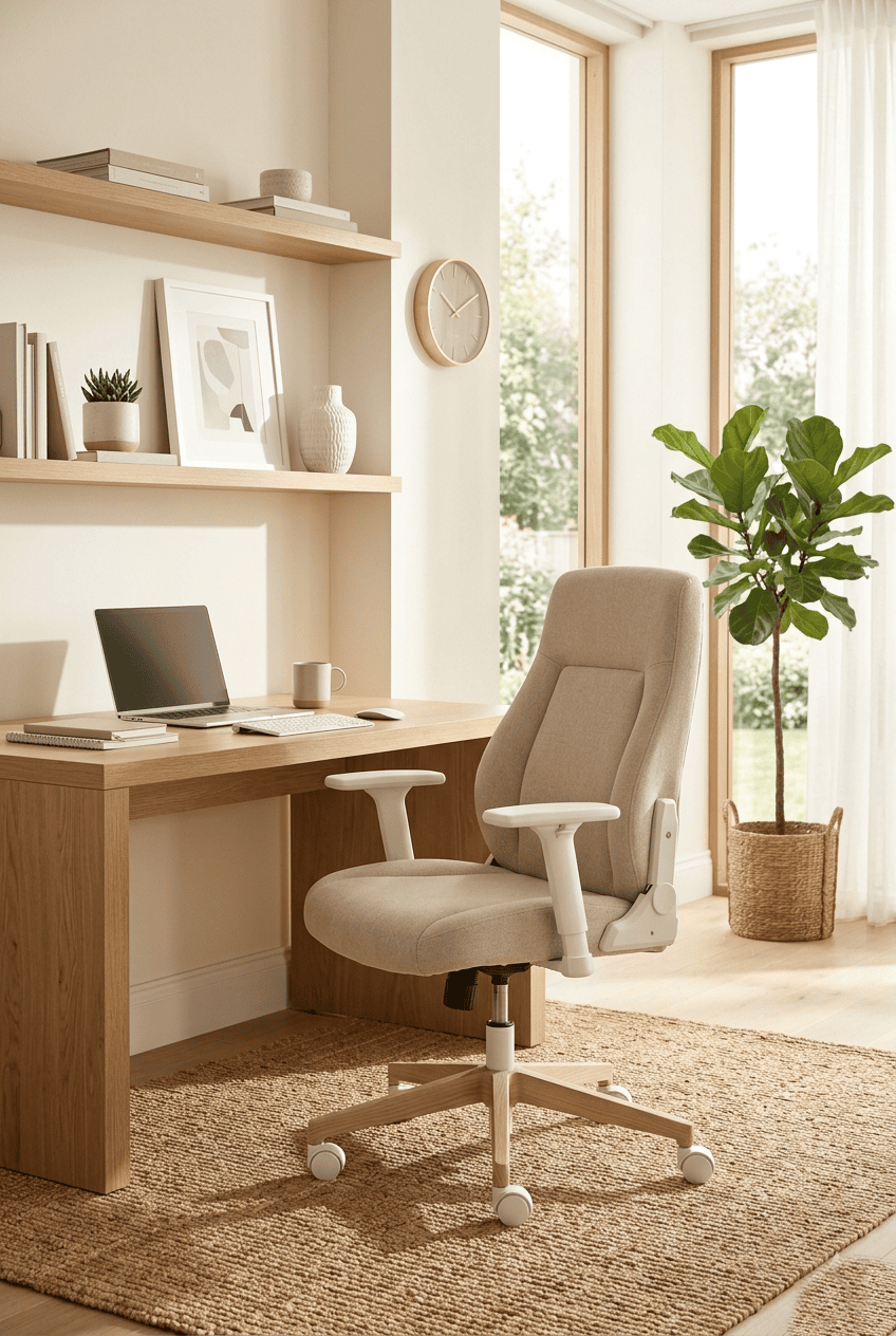Beige fabric ergonomic office chair with a wood-effect base at a wooden desk