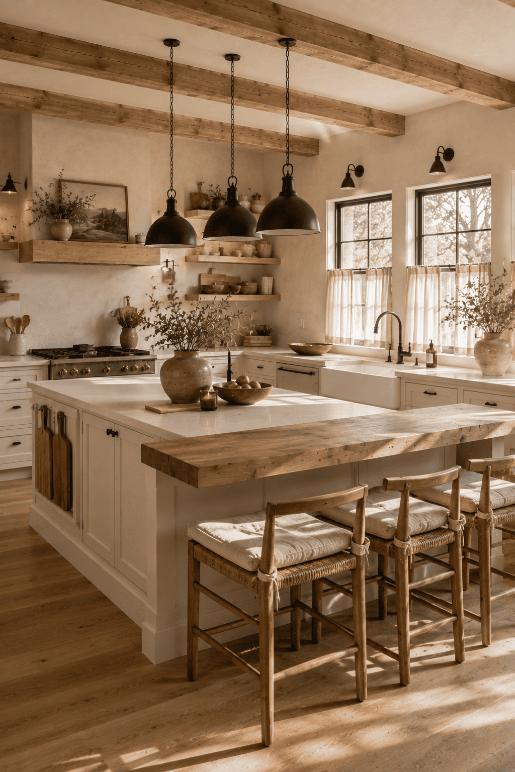 Farmhouse kitchen with a large island featuring a light wood countertop extension, exposed wood ceiling beams, and black…