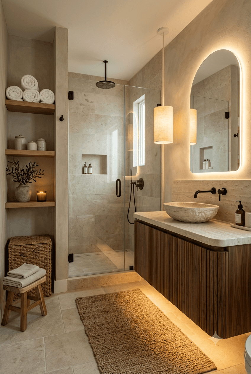 A Japandi style bathroom with a dark wood floating vanity, stone vessel sink, and an arched backlit mirror.