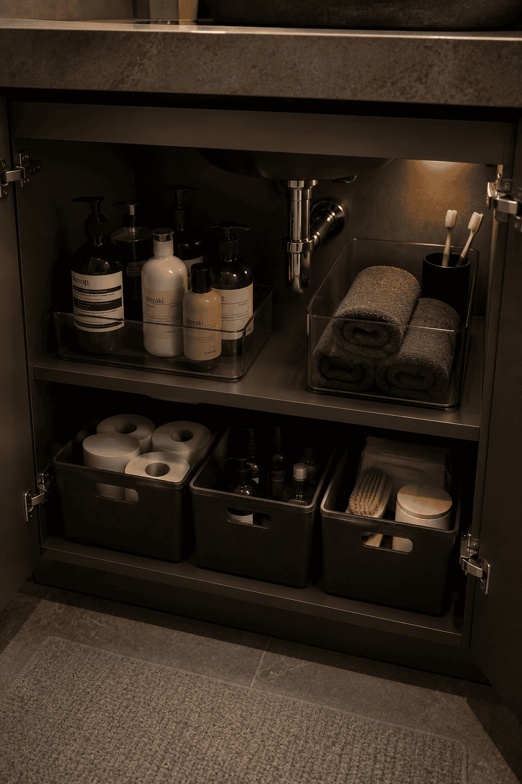 Neatly organized bathroom vanity cabinet with clear and dark gray bins holding toiletries, rolled towels, and spare toilet…