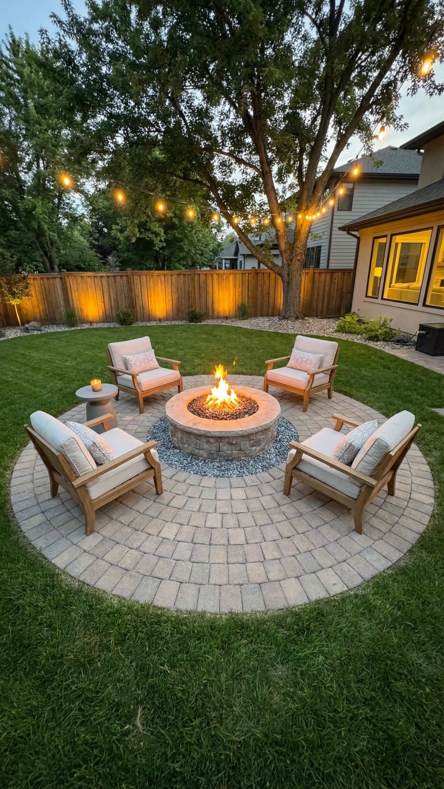 Evening view of a circular stone patio with a fire pit and four cushioned armchairs, surrounded by green grass and string…