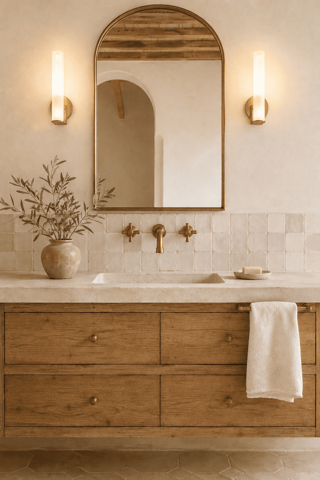 Bathroom vanity with a light wood base, integrated stone sink, arched brass mirror, and warm sconce lighting.