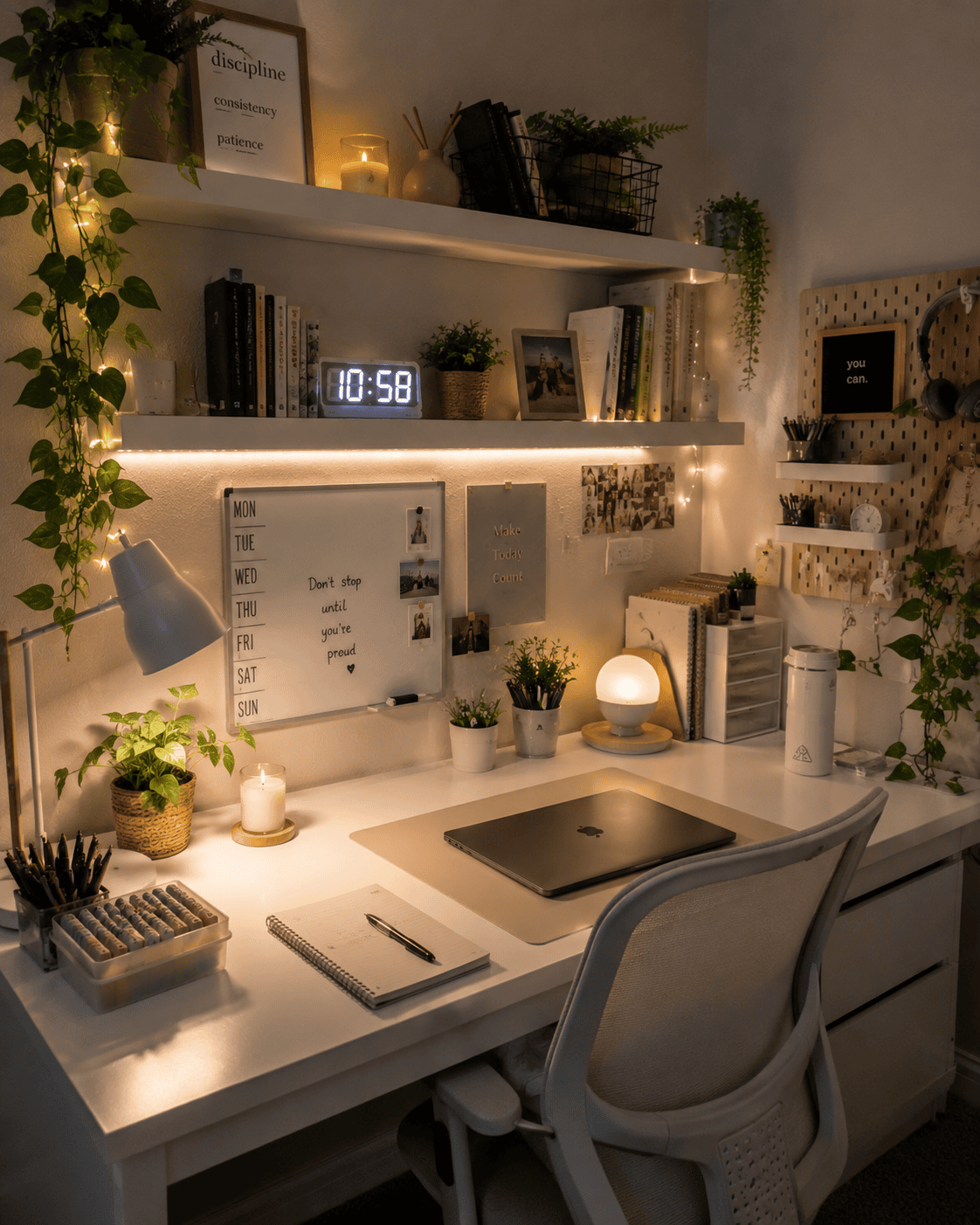 Close-up of a well-organized desk and shelves in a cozy home office, featuring a laptop, plants, and warm lighting.