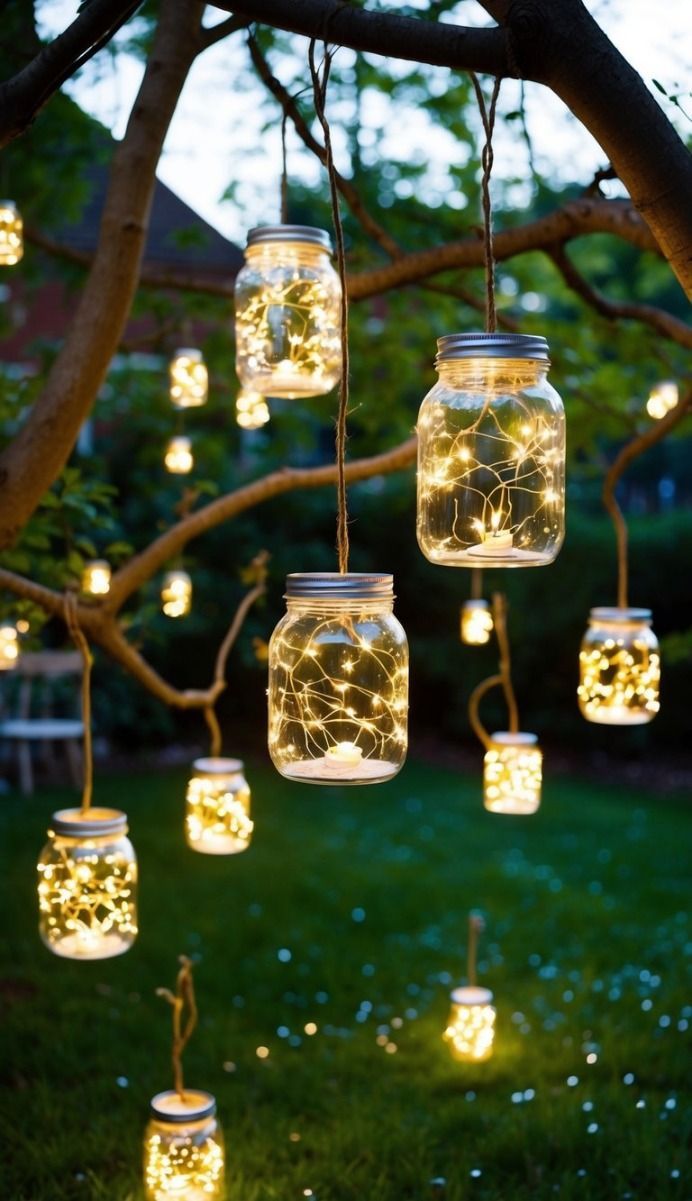 Mason jars with fairy lights hanging by twine from tree branches over a grassy lawn.