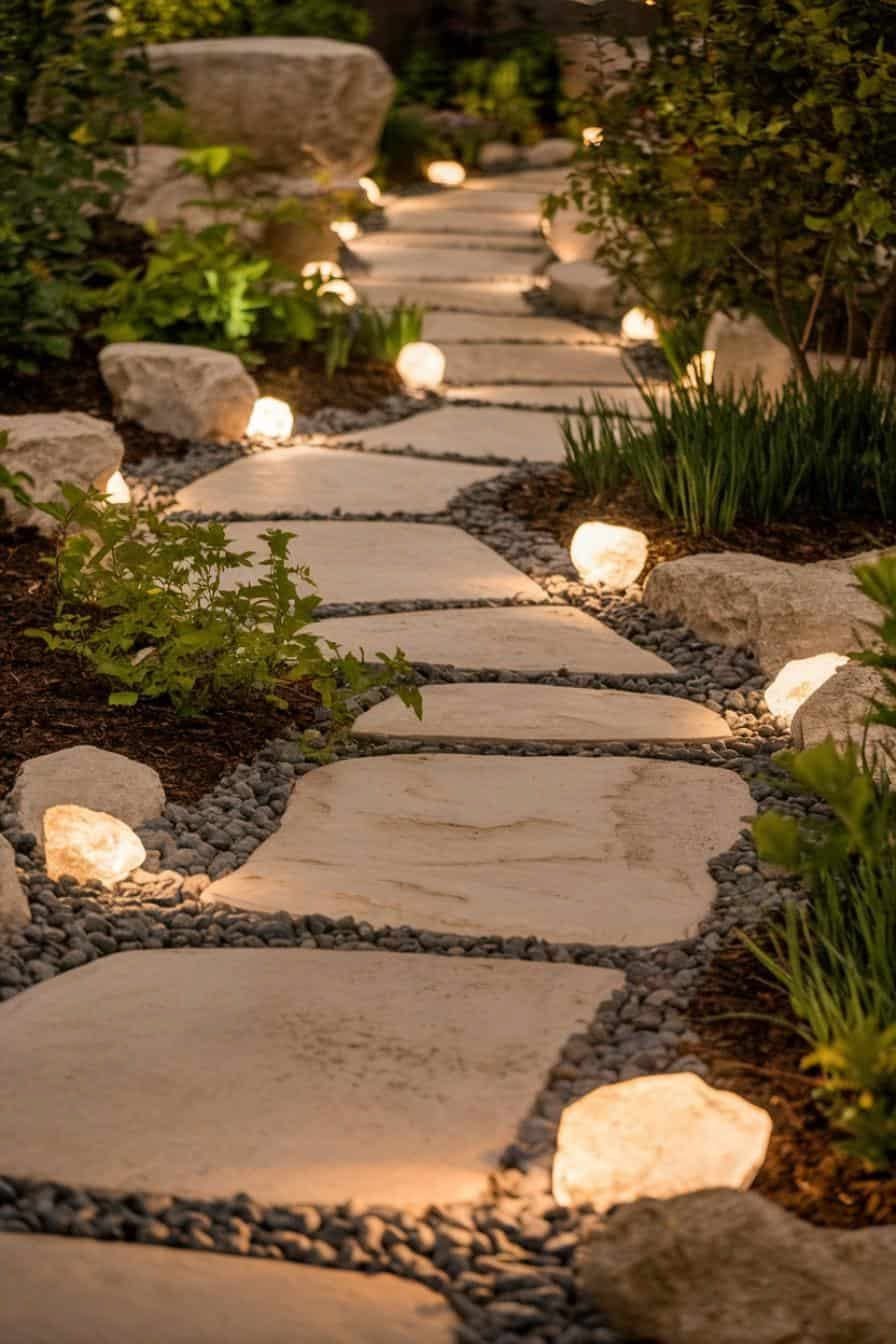 Stepping stone pathway at night, lined with glowing, rock-shaped lights among small stones and plants.