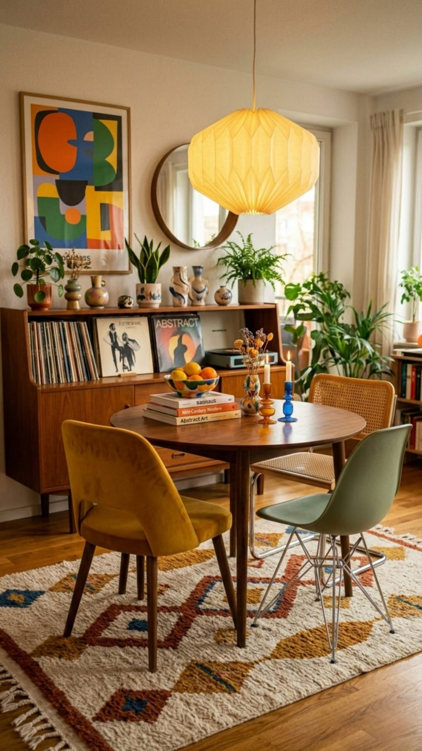 Small dining area with a round wooden table, mismatched chairs, and a credenza with plants and records.