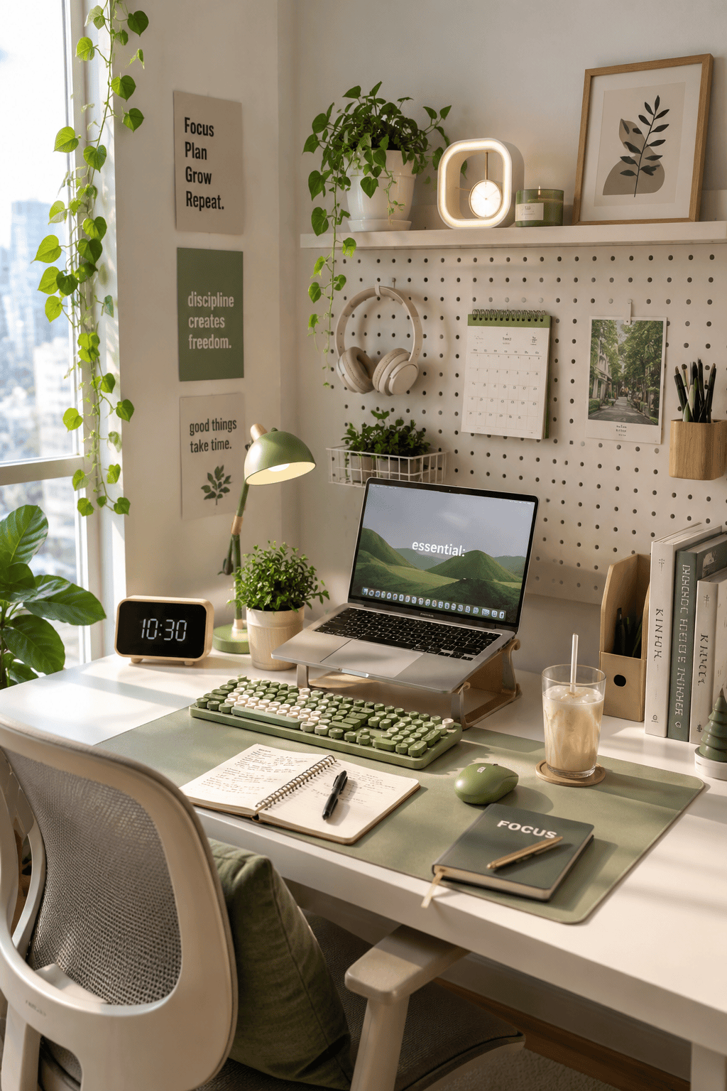 Neat home office desk with a laptop on a stand, green keyboard and mouse, and organized shelves and pegboard with plants.