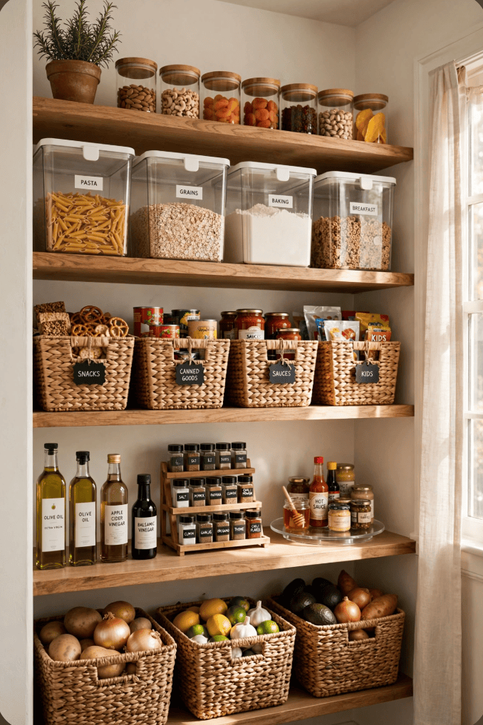 Pantry shelves with clear containers holding pasta, grains, and baking supplies, along with labeled baskets for other items.