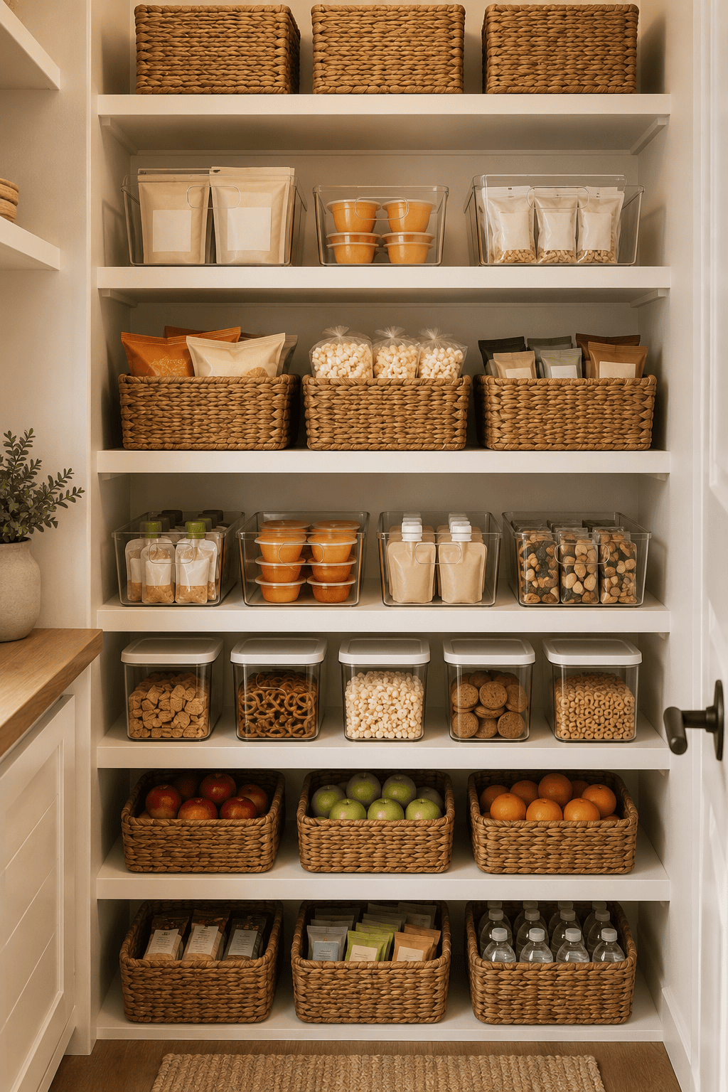 White pantry shelves filled with a variety of snacks in wicker baskets and clear containers.