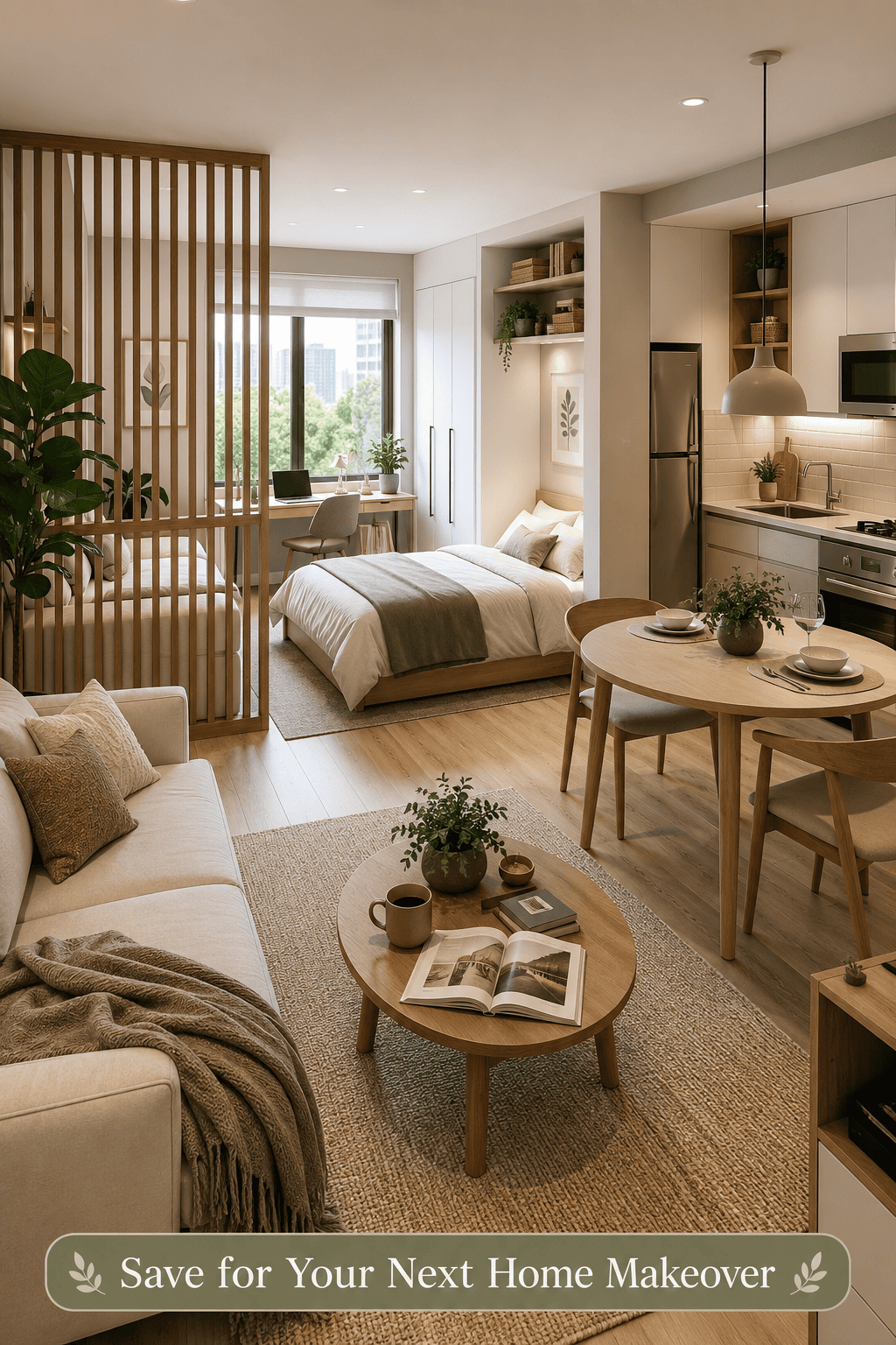 Modern studio apartment with a wood slat partition separating the bed from the living room, a desk by the window, and a…