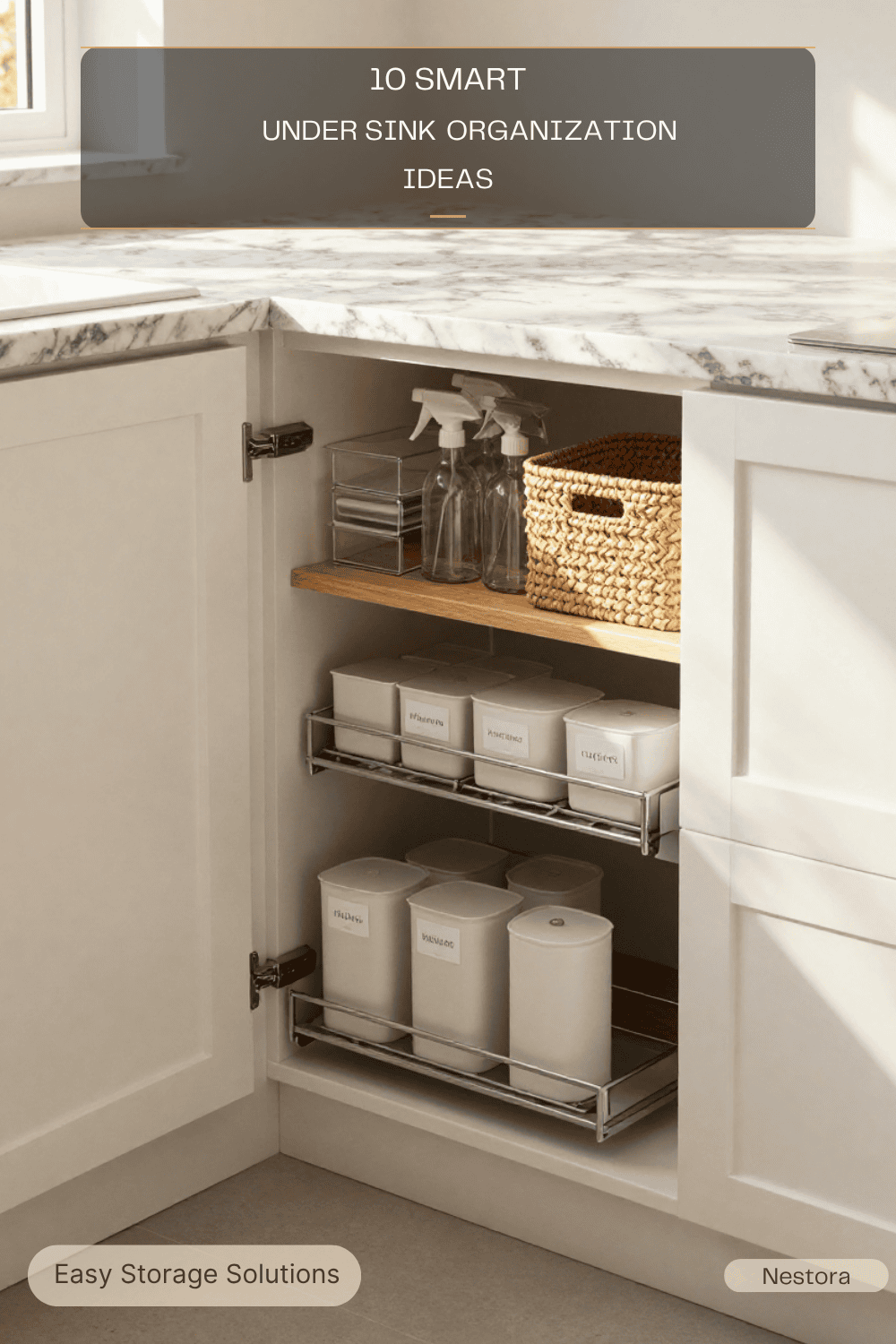 Open under-sink cabinet with a wooden shelf and two pull-out chrome wire drawers holding labeled white containers.