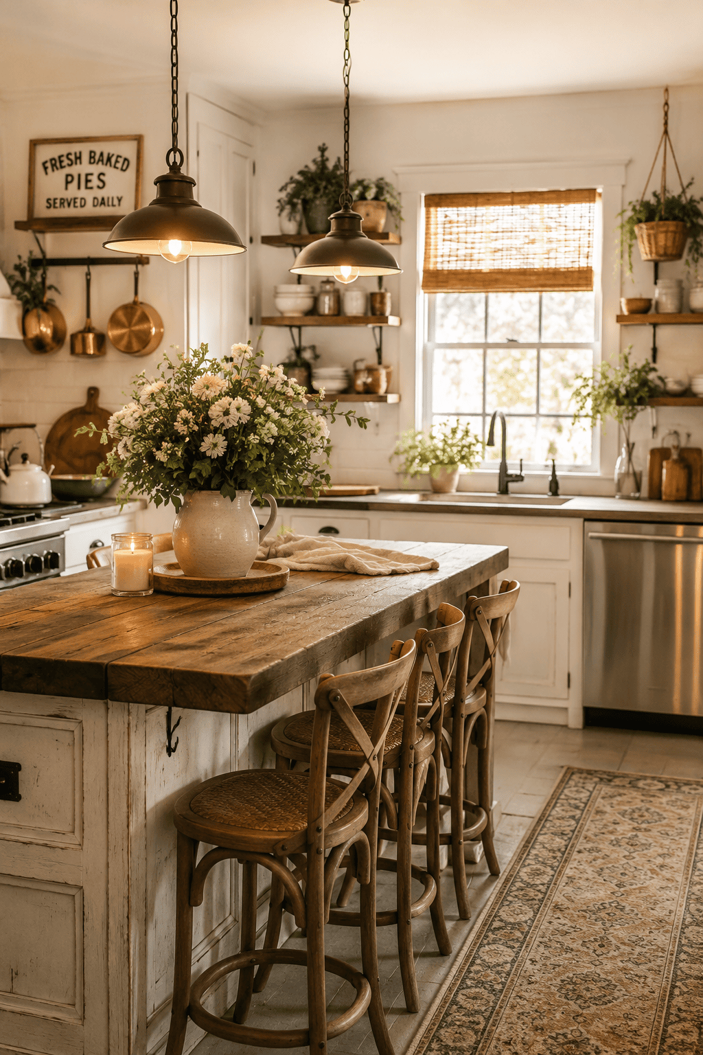 Farmhouse kitchen with a large rustic wooden island, light cabinetry, and an ornate area rug.