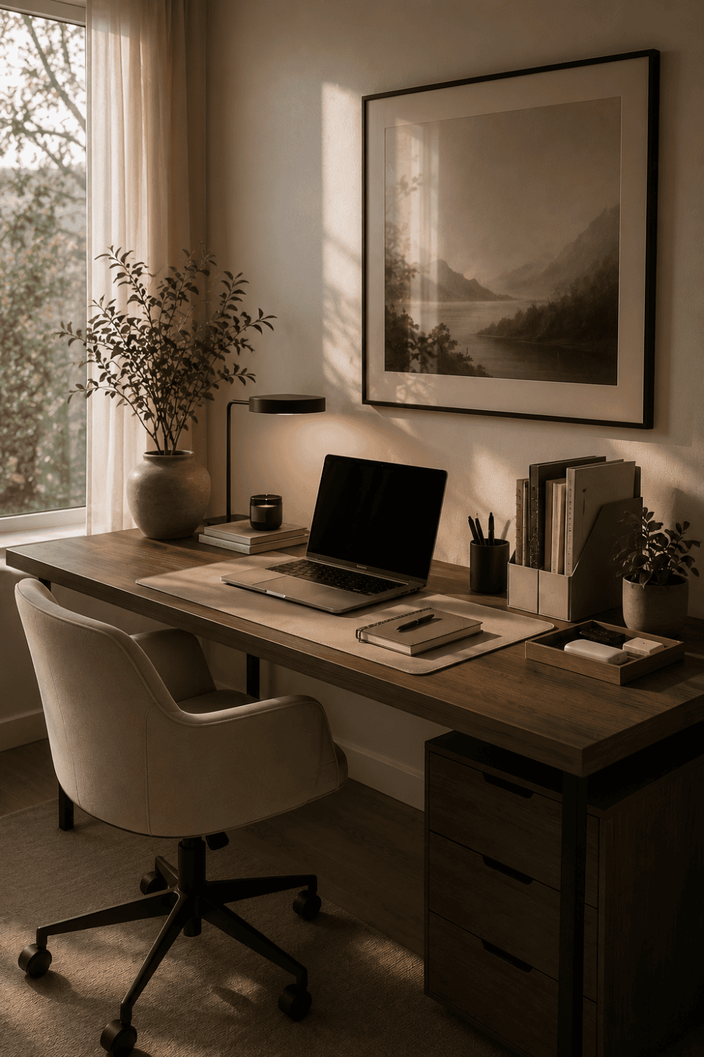 Tasteful home office desk with laptop, task lamp, organized supplies, and potted plants next to a window.