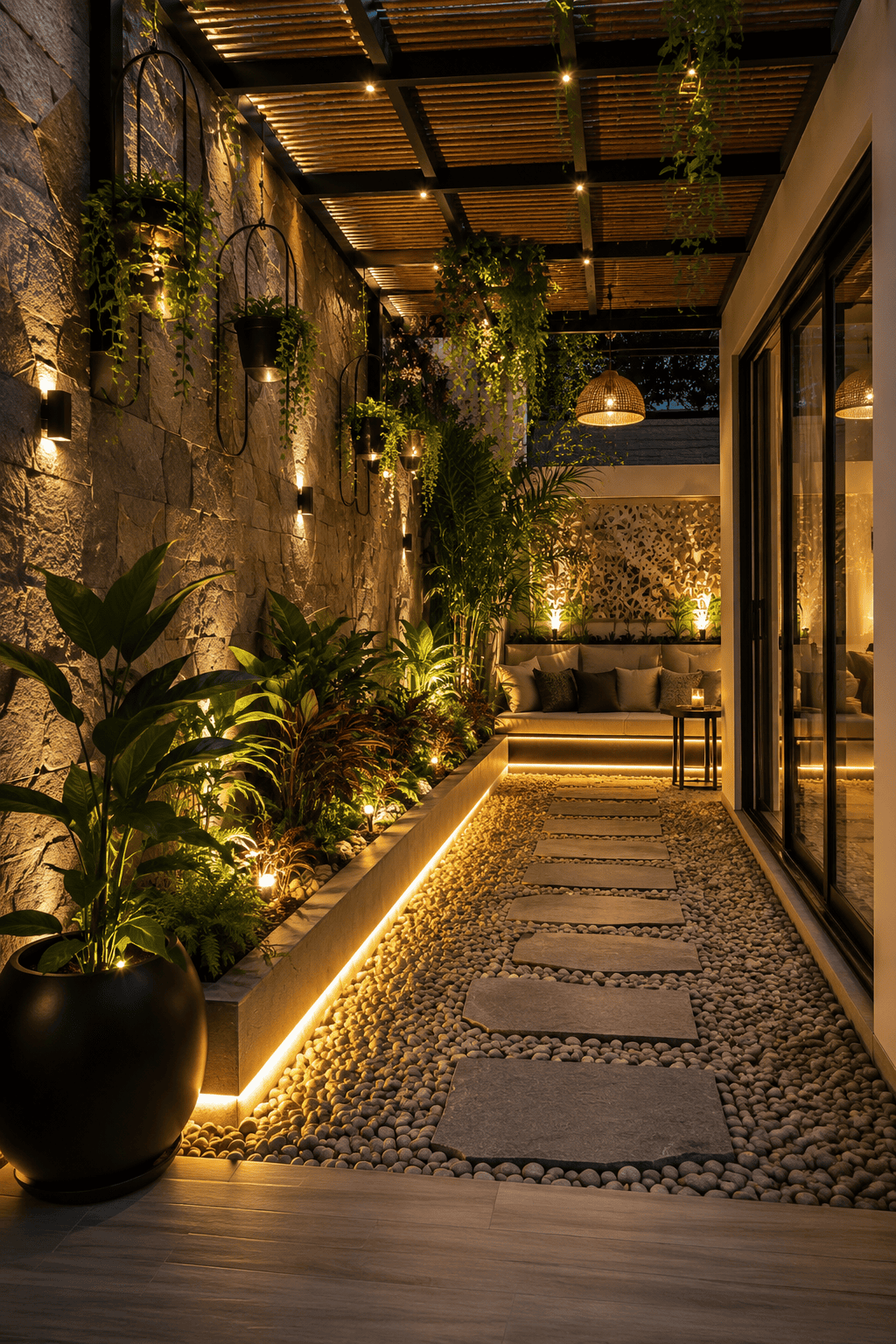 An outdoor pathway with stepping stones over pebbles, illuminated by warm strip lights and garden lights along a stone wall…