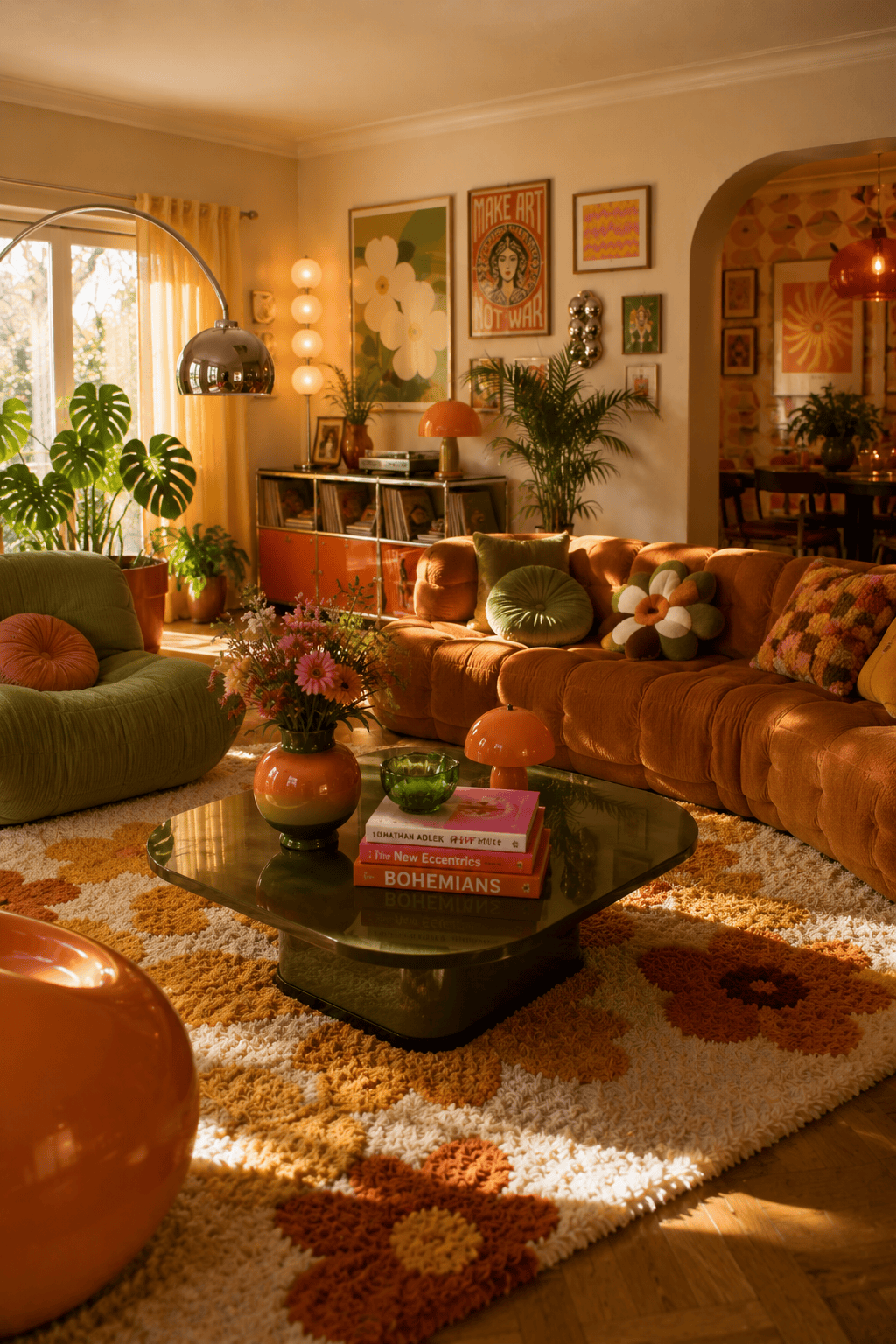 Living room with orange sectional sofa, green armchair, floral shaggy rug, and eclectic decor.