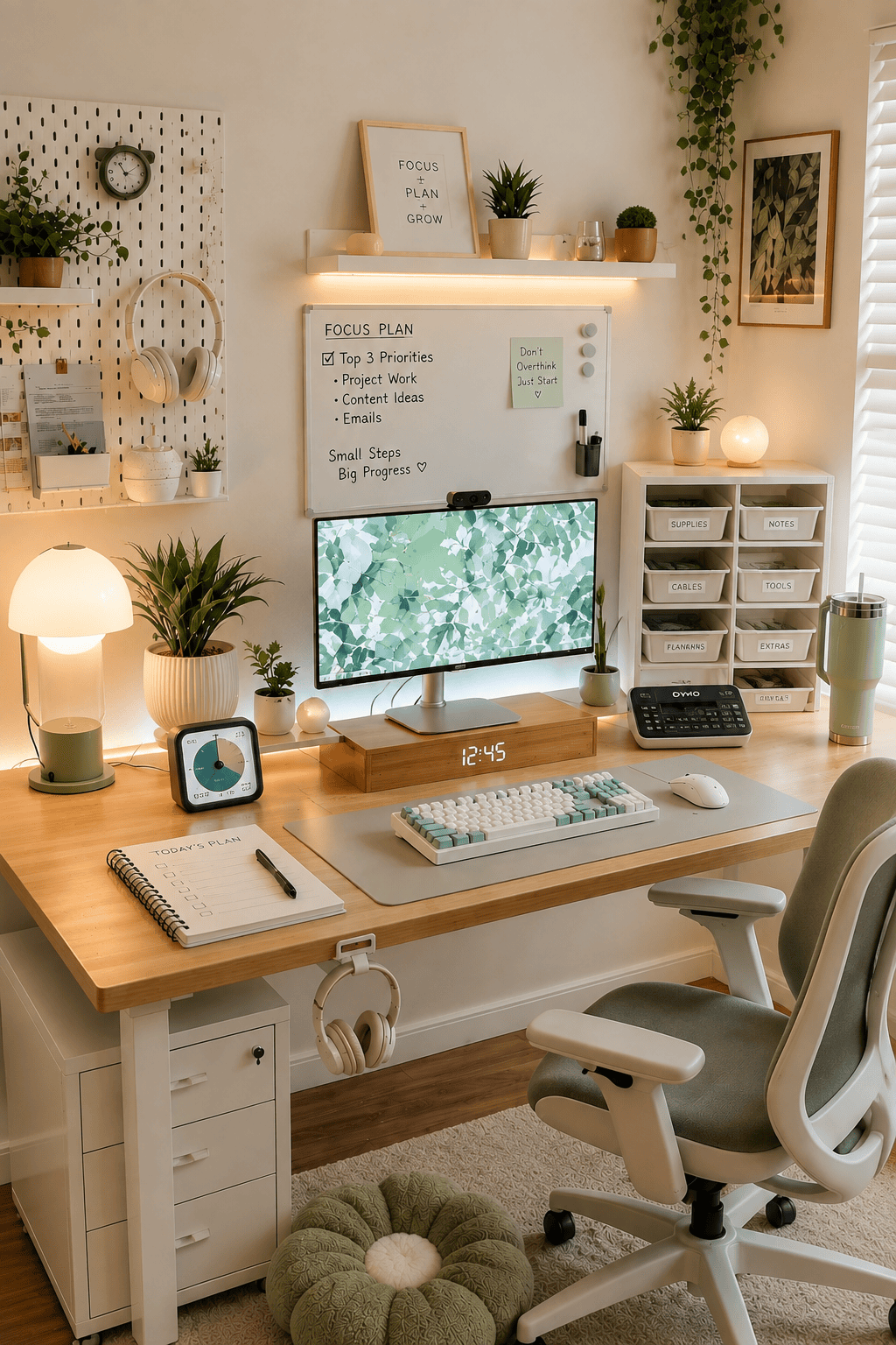 Neatly organized home office desk with a computer, plants, storage bins, a whiteboard, and a daily planner notebook.