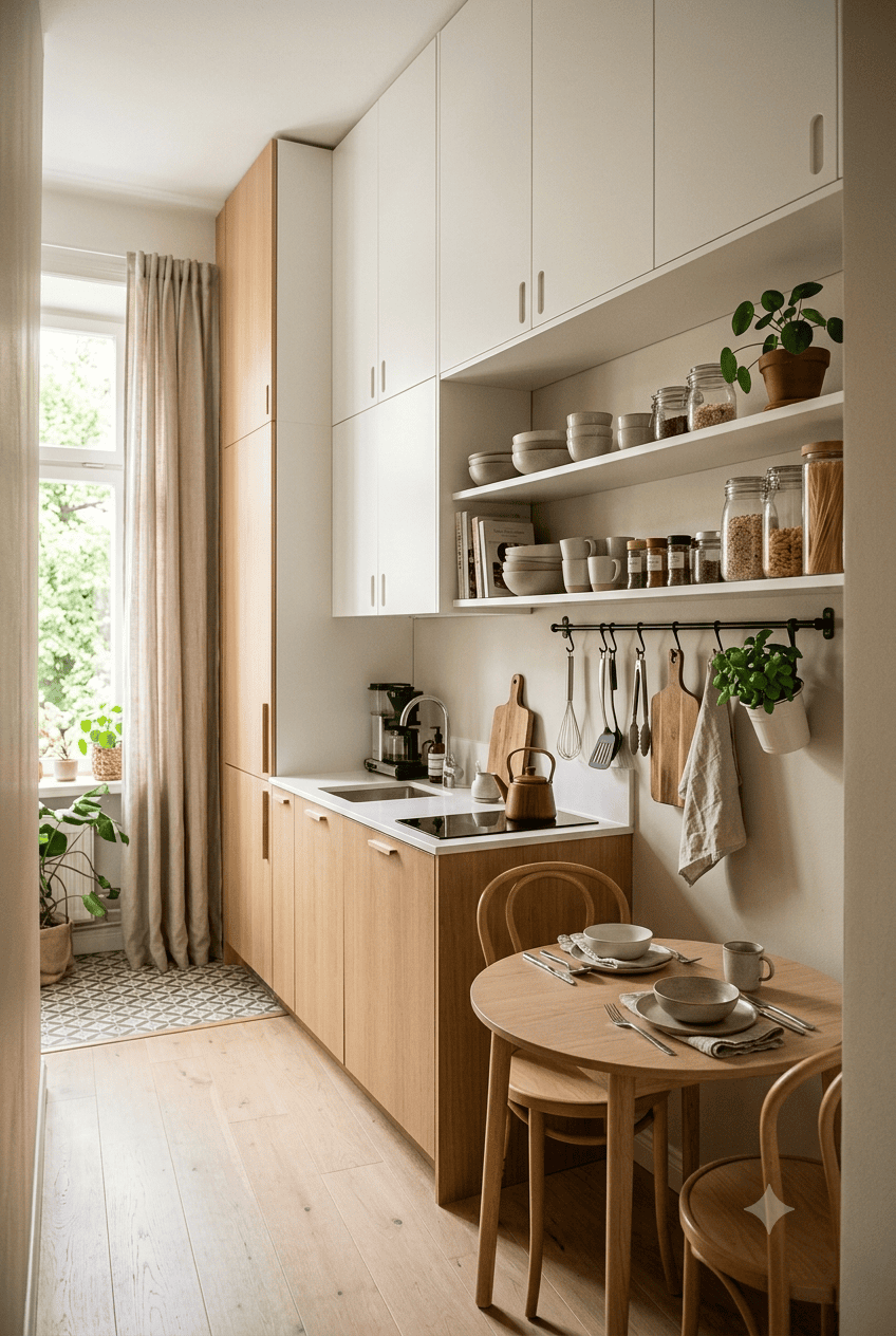 Small kitchen with light wood lower cabinets, white upper cabinets, and open shelves displaying dishes and dry goods