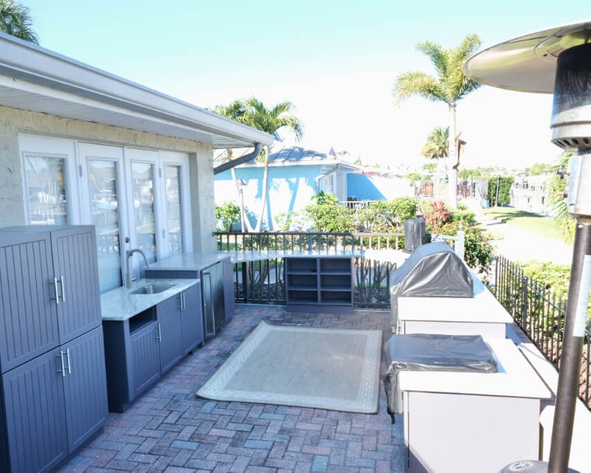 Outdoor kitchen counter with open space beneath the work surface