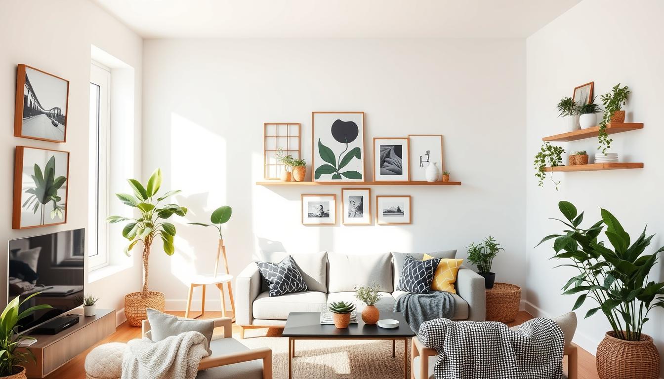 Neutral rental room wall beside framed artwork and furnishings