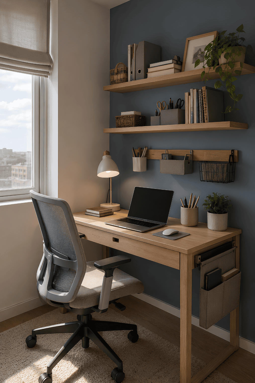 Small home office in a corner with a light wood desk, ergonomic chair, and shelves on a blue wall.