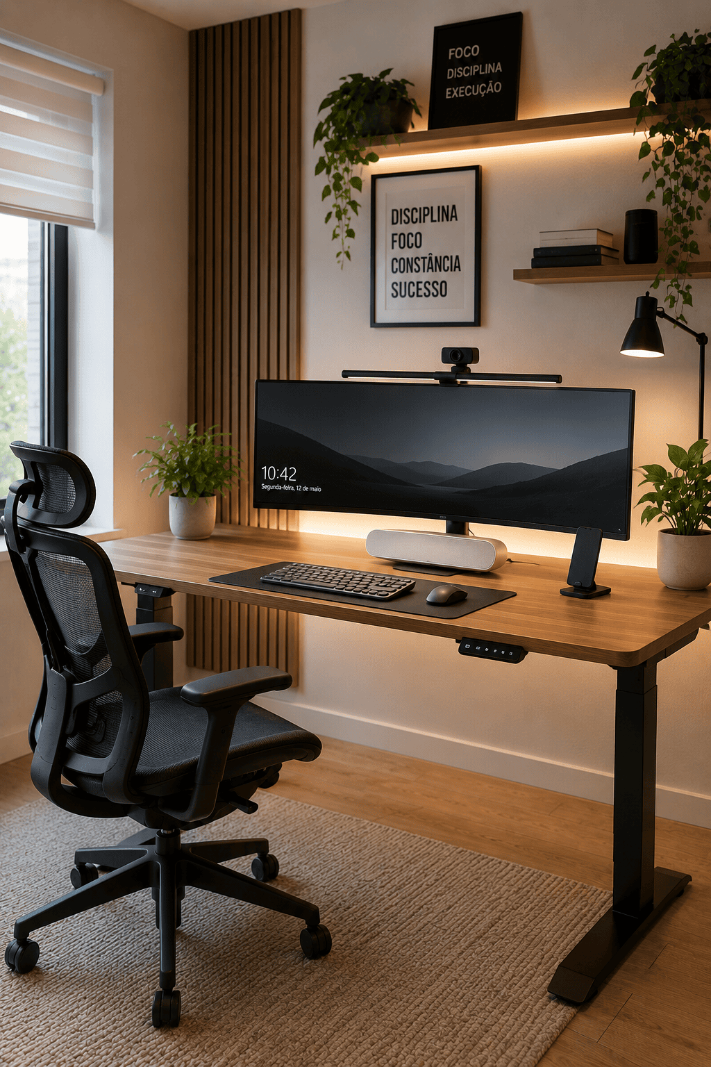 A modern home office setup with a light wood standing desk, black ergonomic chair, large monitor, and green plants.