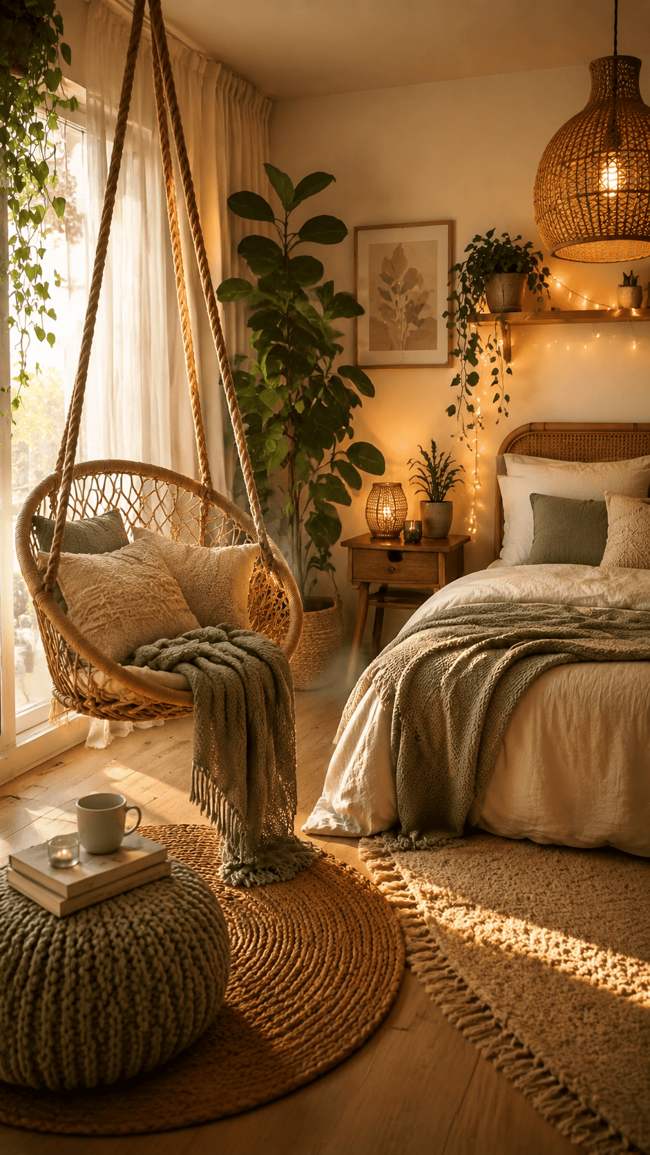 Bedroom with woven hanging chair, bed with green blanket, houseplants, and warm lighting
