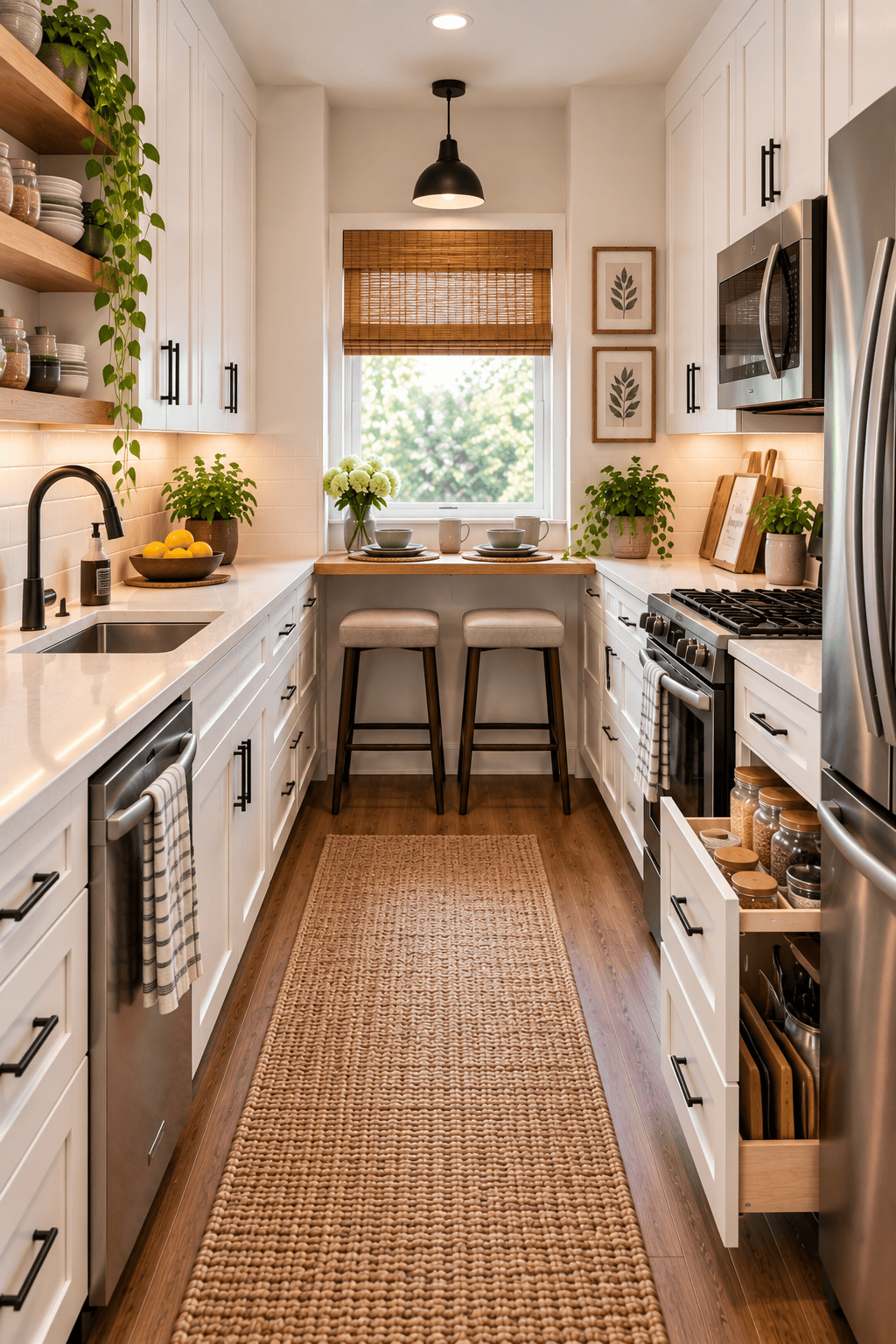 Bright galley kitchen with white cabinets, wood countertops, and a window bar with two stools.