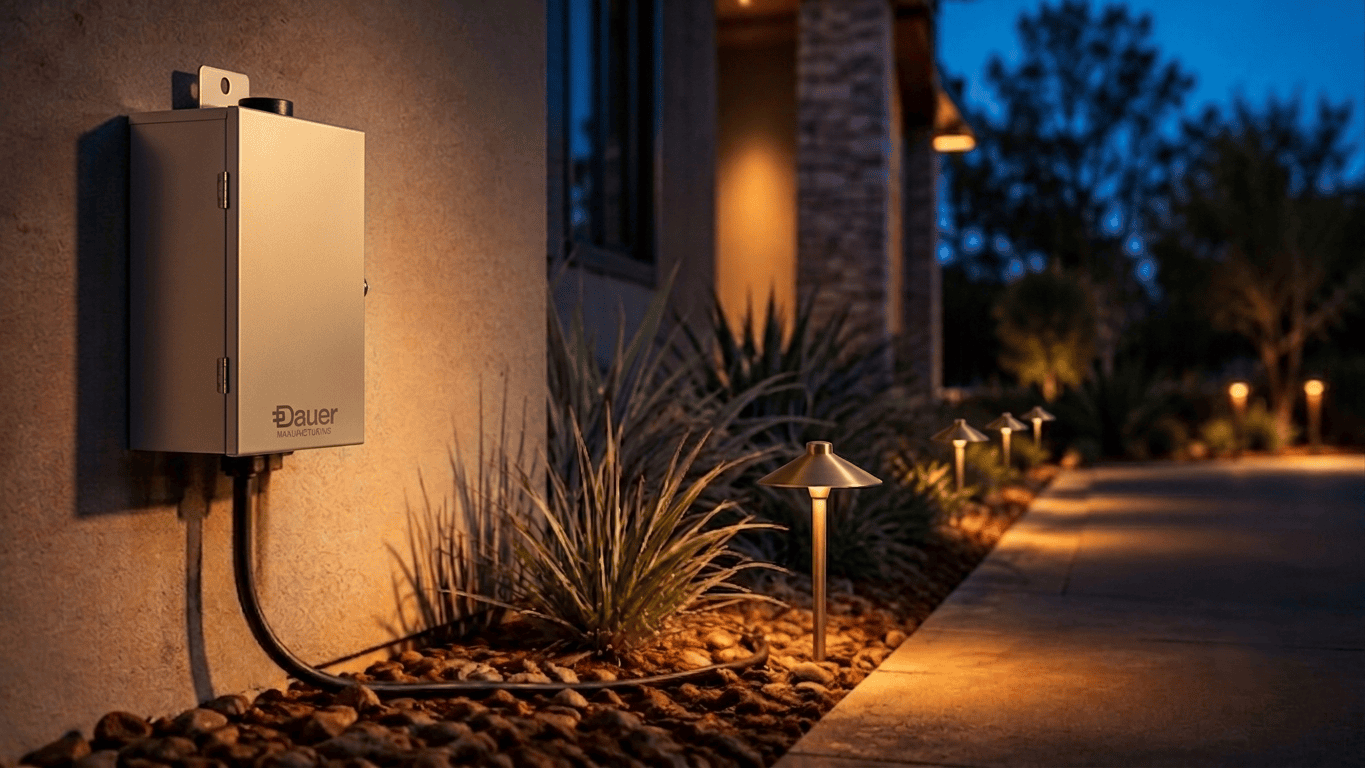 Low-voltage landscape lights installed along a garden border at dusk