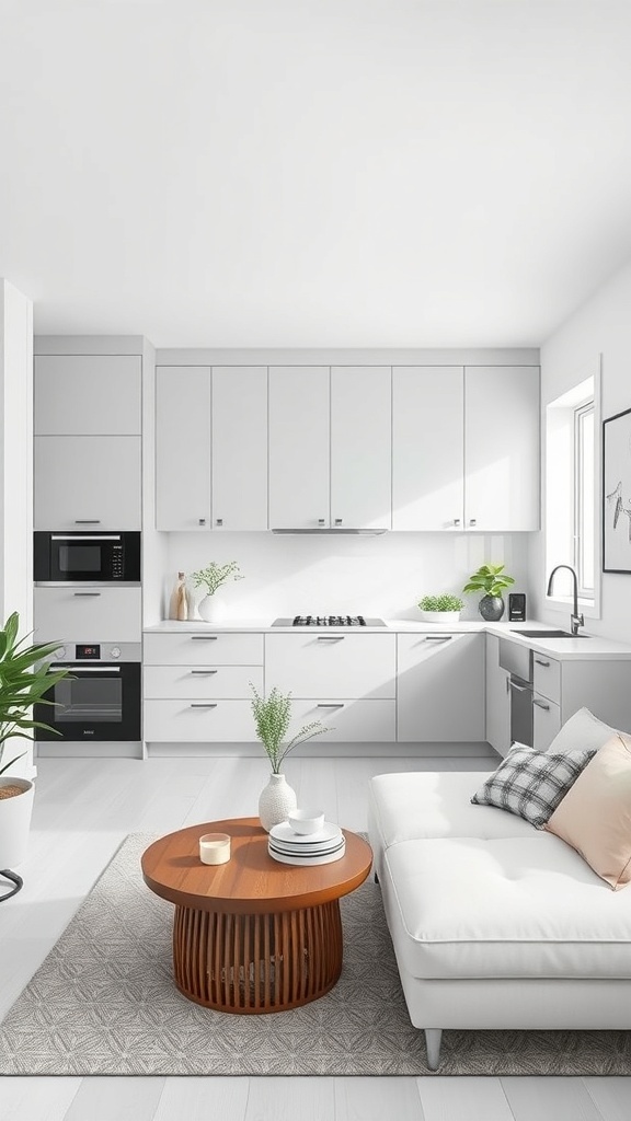 A stylish minimalist kitchen featuring white cabinetry, a cozy seating area, and greenery.